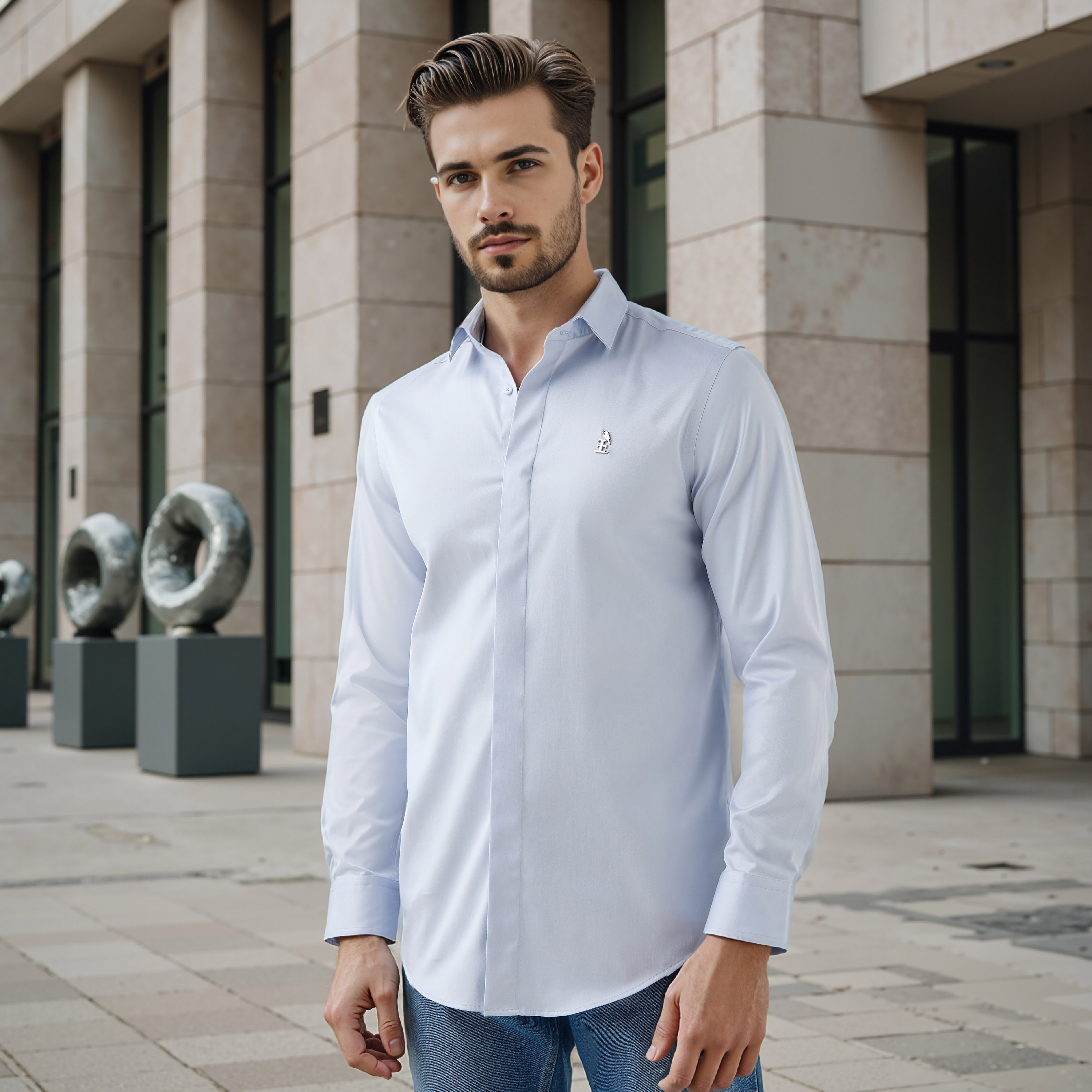 قميص بقصّة عادية وأكمام طويلة وتفاصيل الشعار من إمبيرور-men-clothing-shirts-image-1