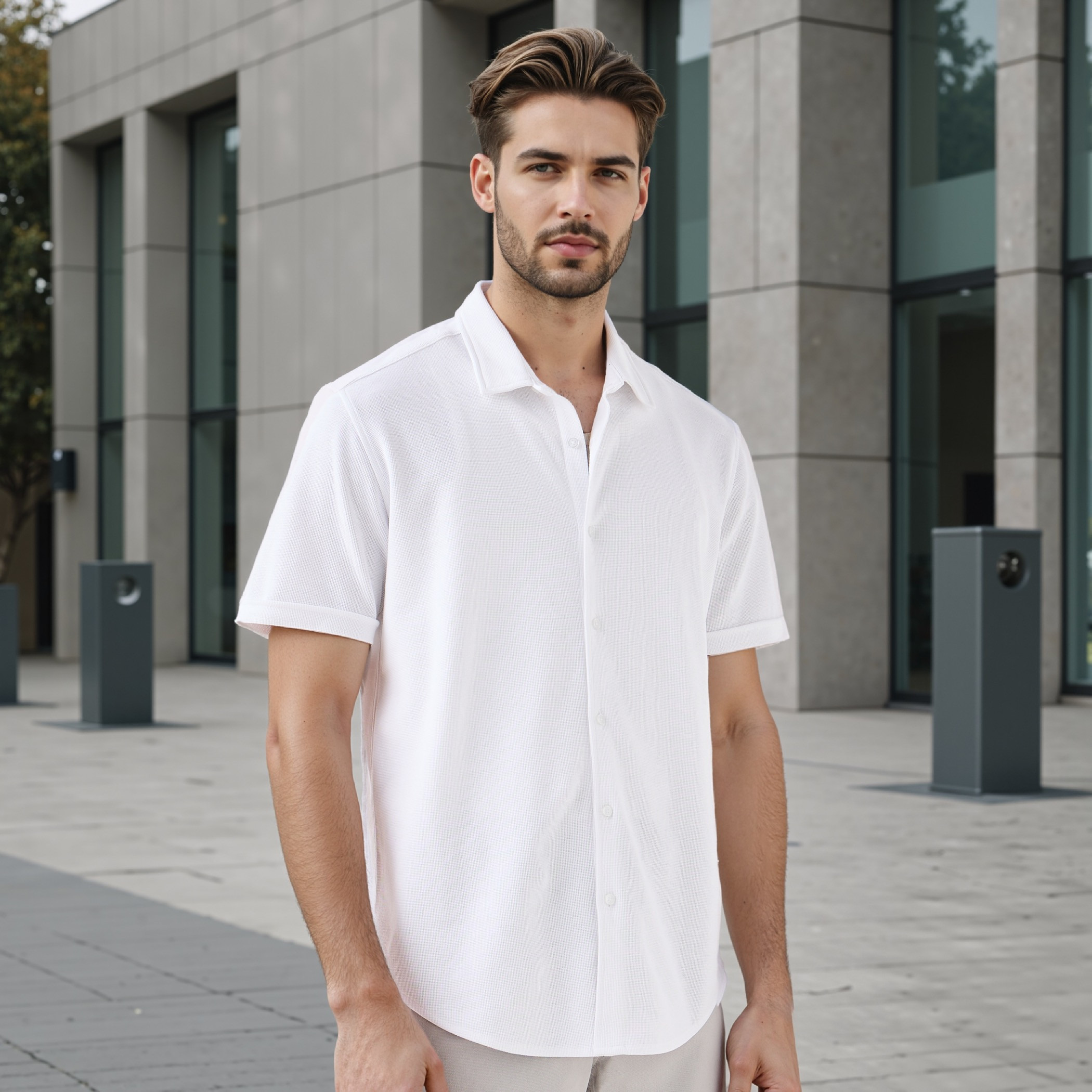 Textured Slim-Fit Shirt with Short Sleeves-men-clothing-shirts-image-1