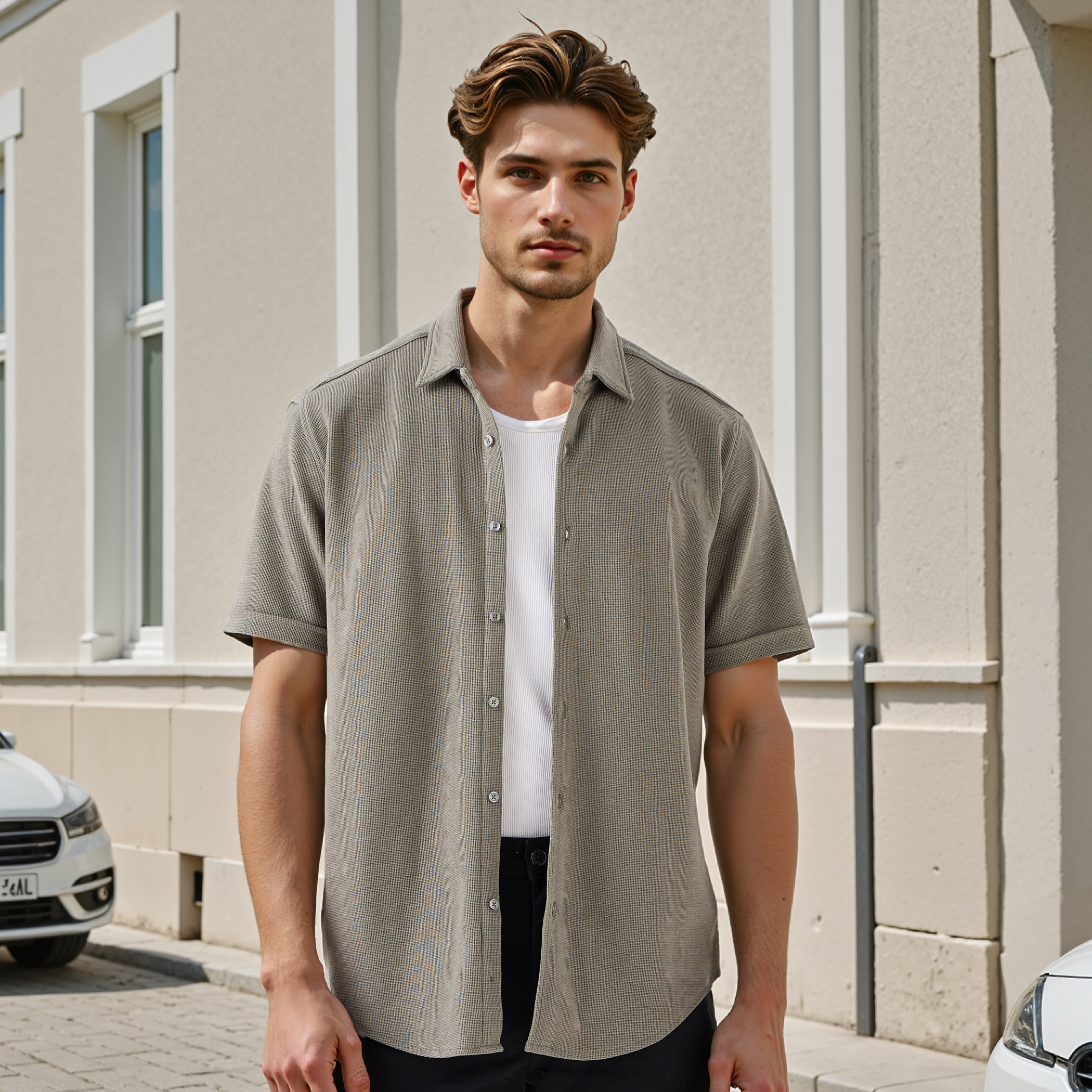 Textured Slim-Fit Shirt with Short Sleeves-men-clothing-shirts-image-1