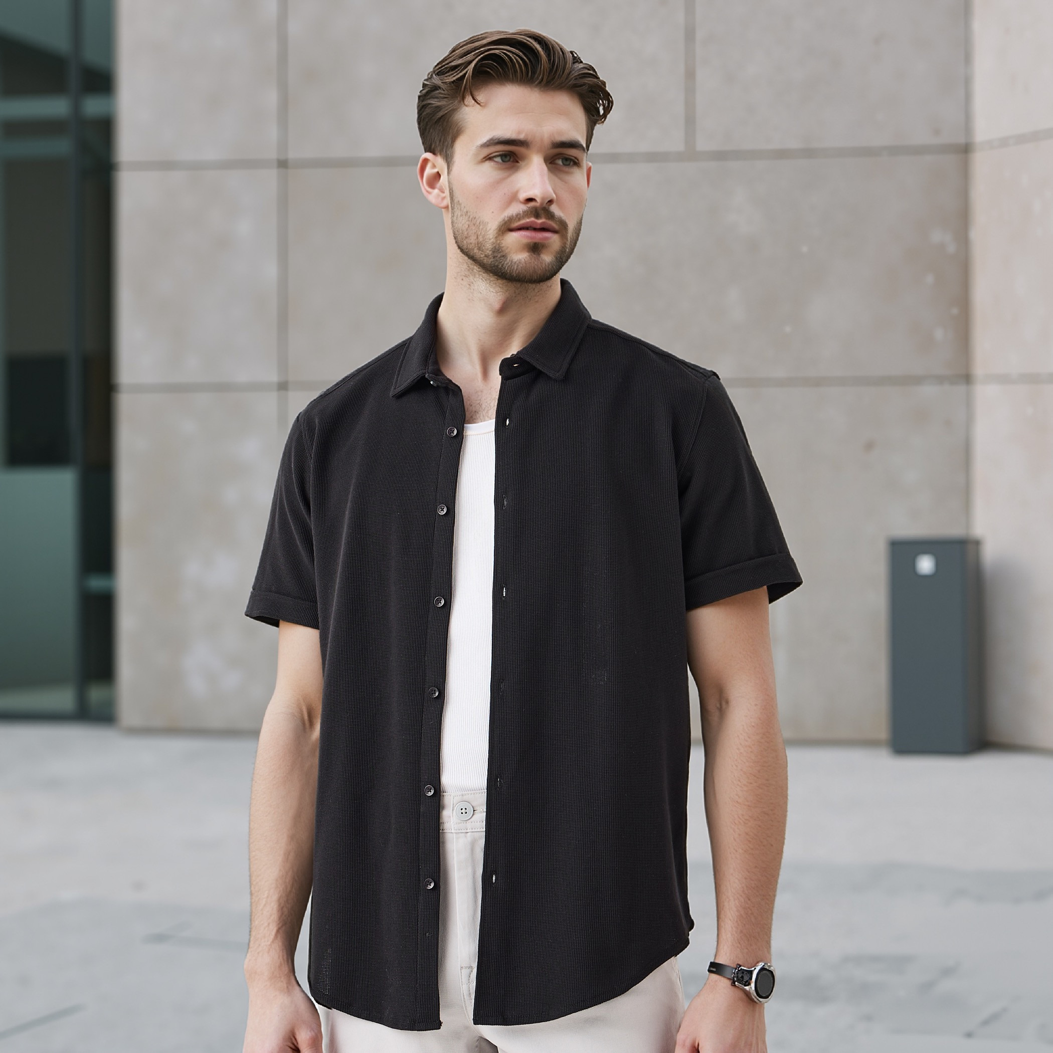 قميص بارز الملمس بقصة سليم وأكمام قصيرة-men-clothing-shirts-image-1