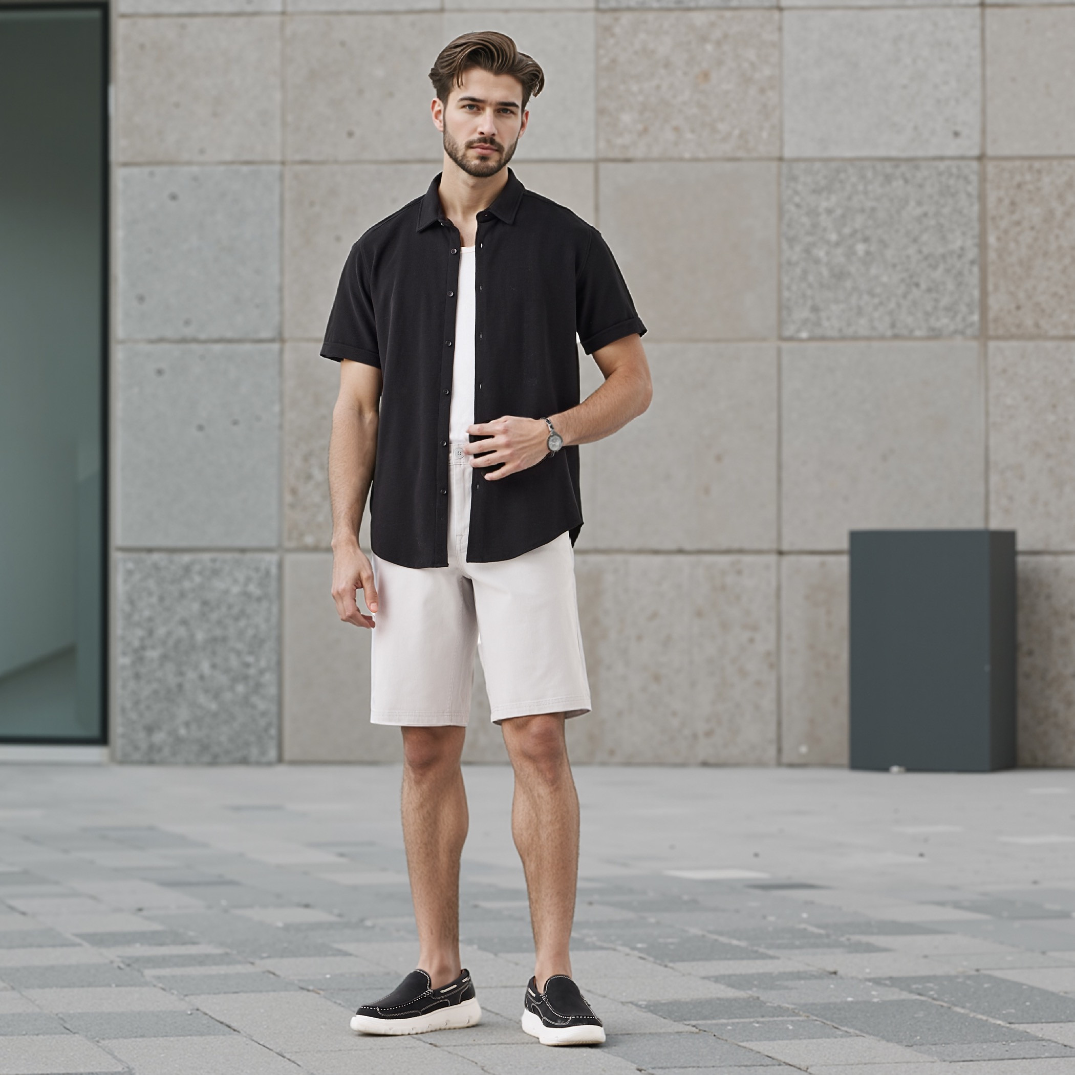 قميص بارز الملمس بقصة سليم وأكمام قصيرة-men-clothing-shirts-image-2