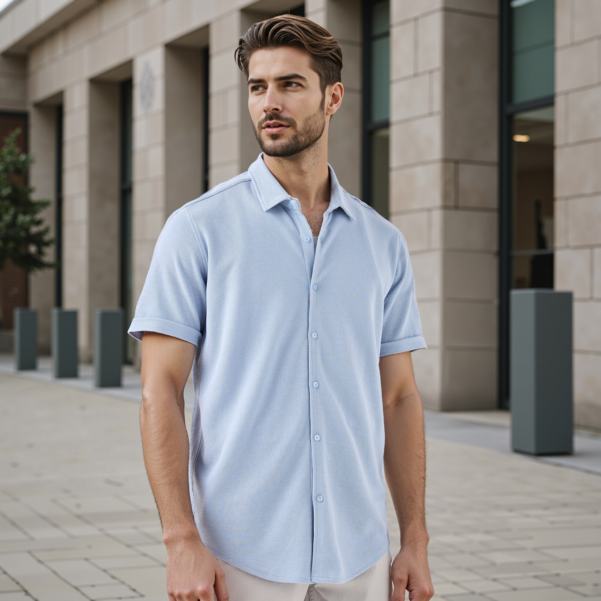 Textured Slim-Fit Shirt with Short Sleeves-men-clothing-shirts-image-1