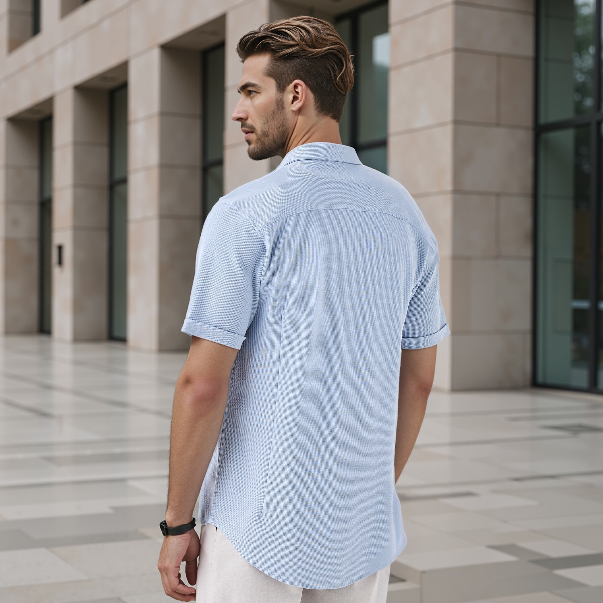 Textured Slim-Fit Shirt with Short Sleeves-men-clothing-shirts-image-3