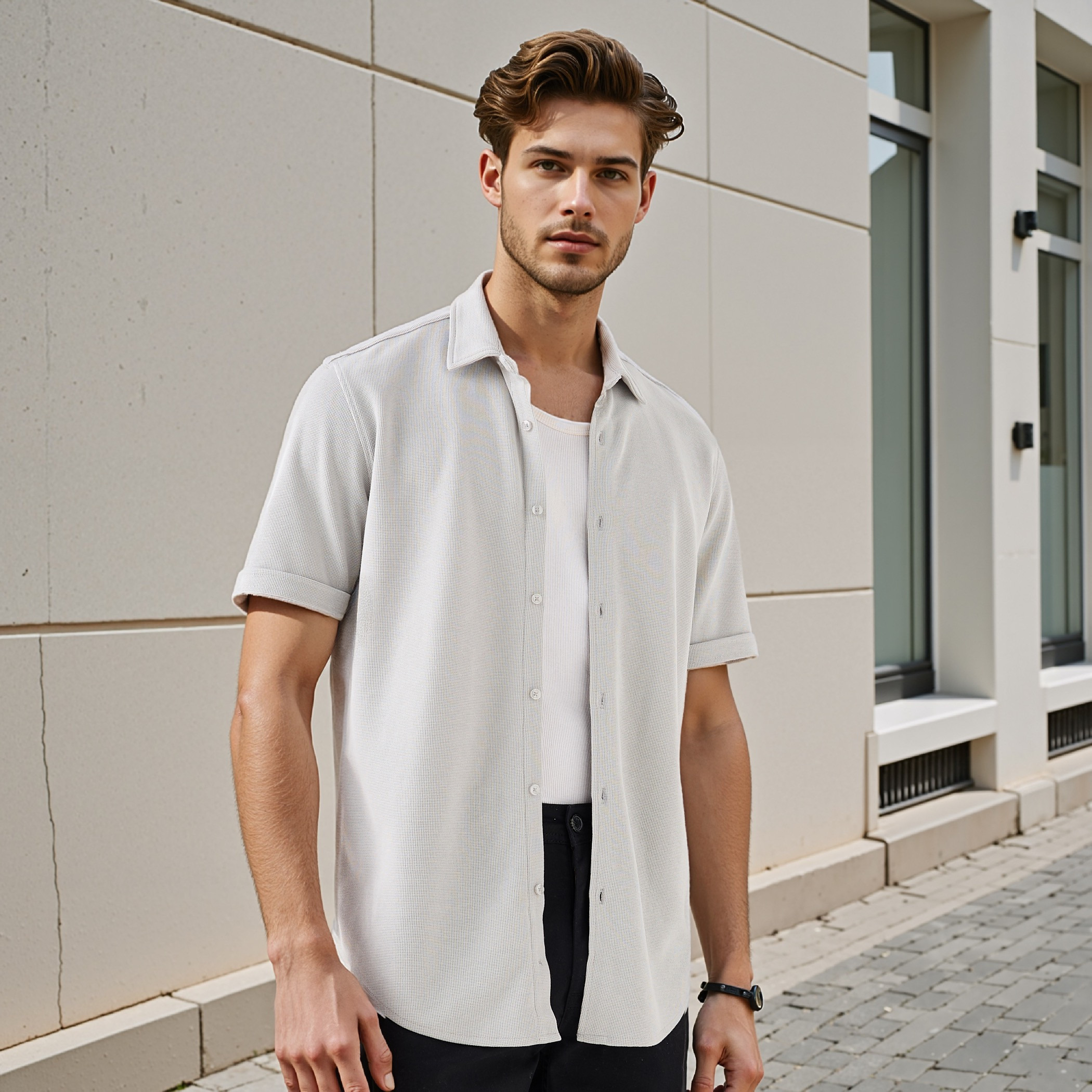 Textured Slim-Fit Shirt with Short Sleeves-men-clothing-shirts-image-1