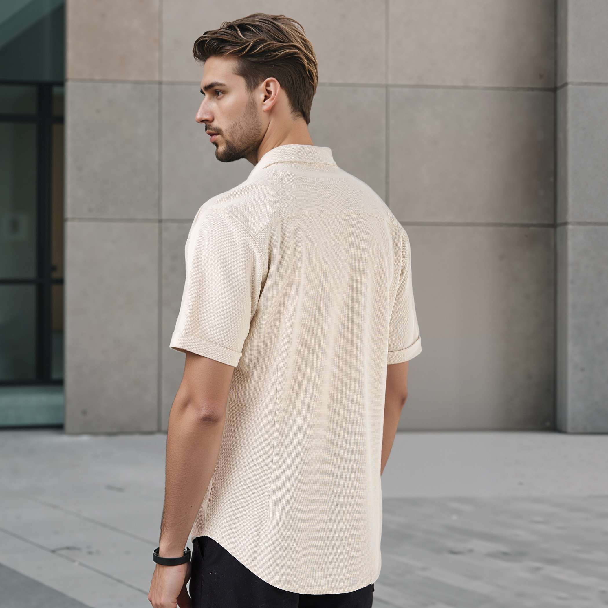 Textured Slim-Fit Shirt with Short Sleeves-men-clothing-shirts-image-3