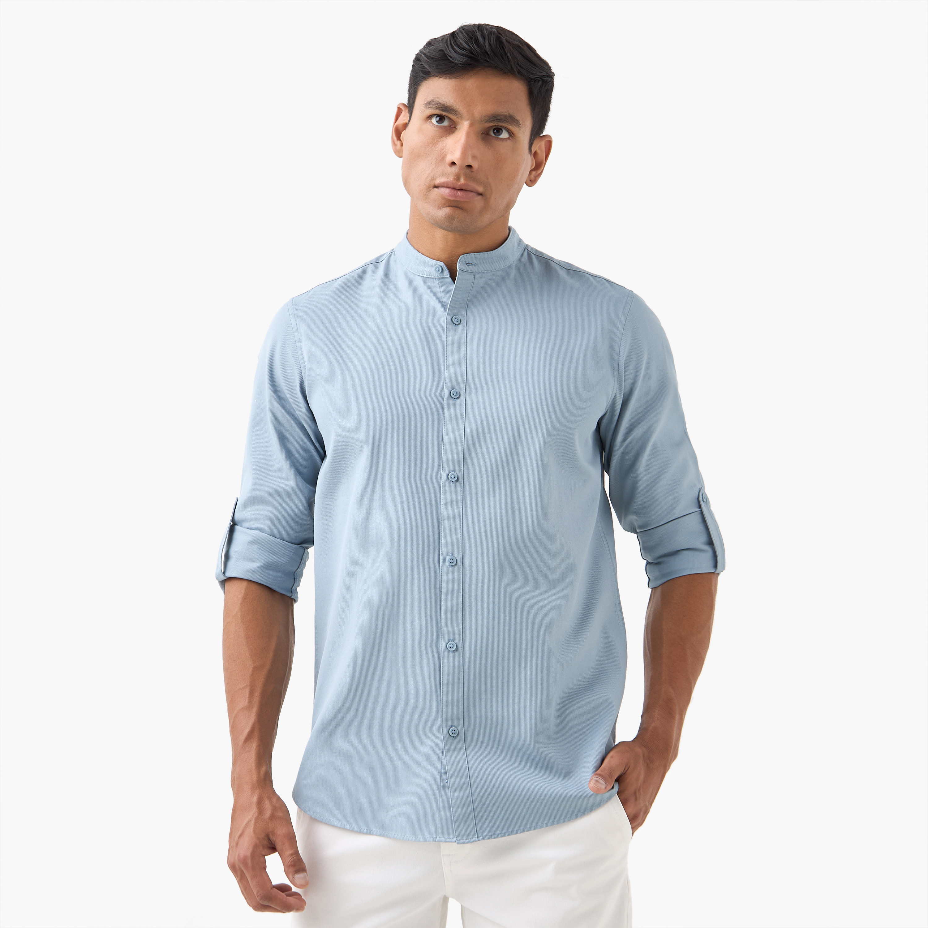 Regular Fit Mandarin Collar Shirt with Long Sleeves-men-clothing-shirts-image-1