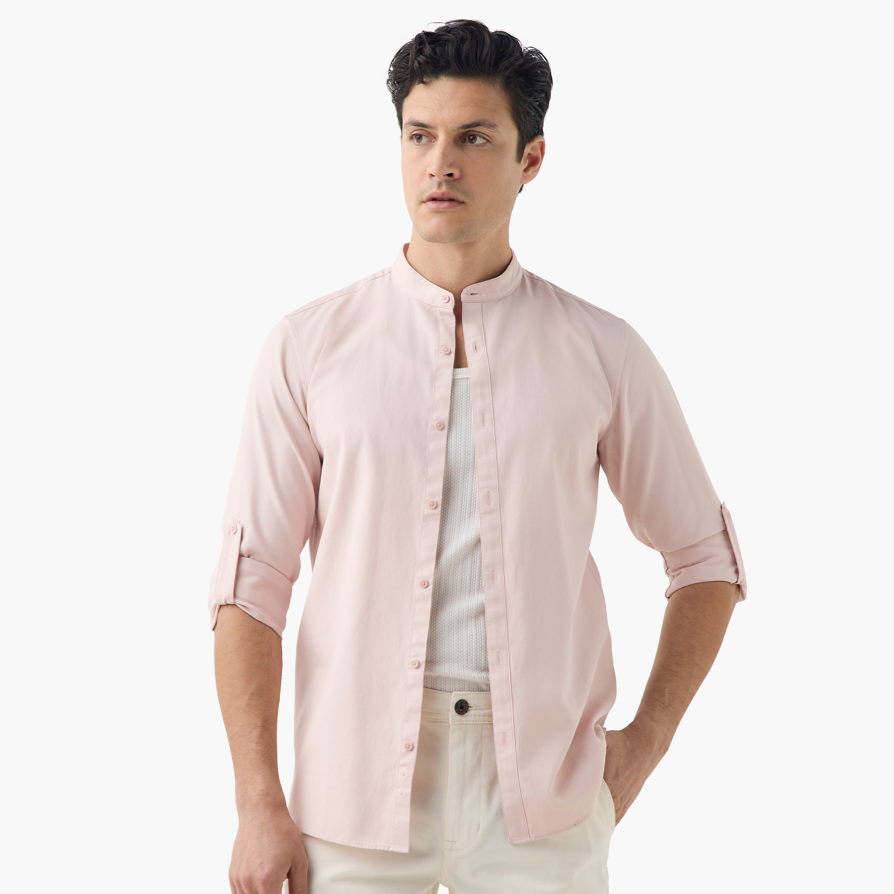 قميص بقصة عادية وياقة ماندارين وأكمام طويلة-men-clothing-shirts-image-30