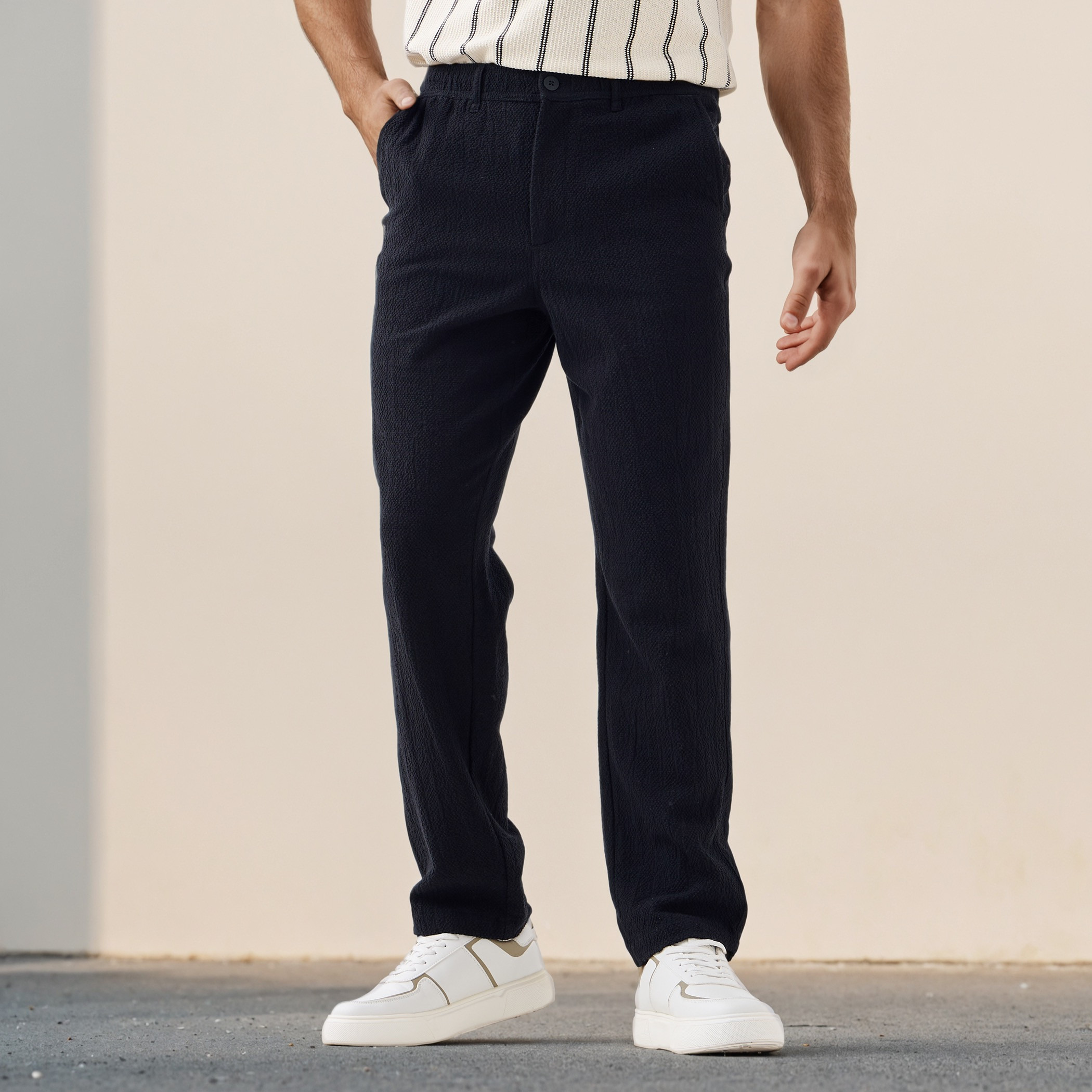 Regular Fit Textured Linen Blend Flexi Waist Trousers-men-clothing-bottoms-trousersandchinos-trousers-image-1