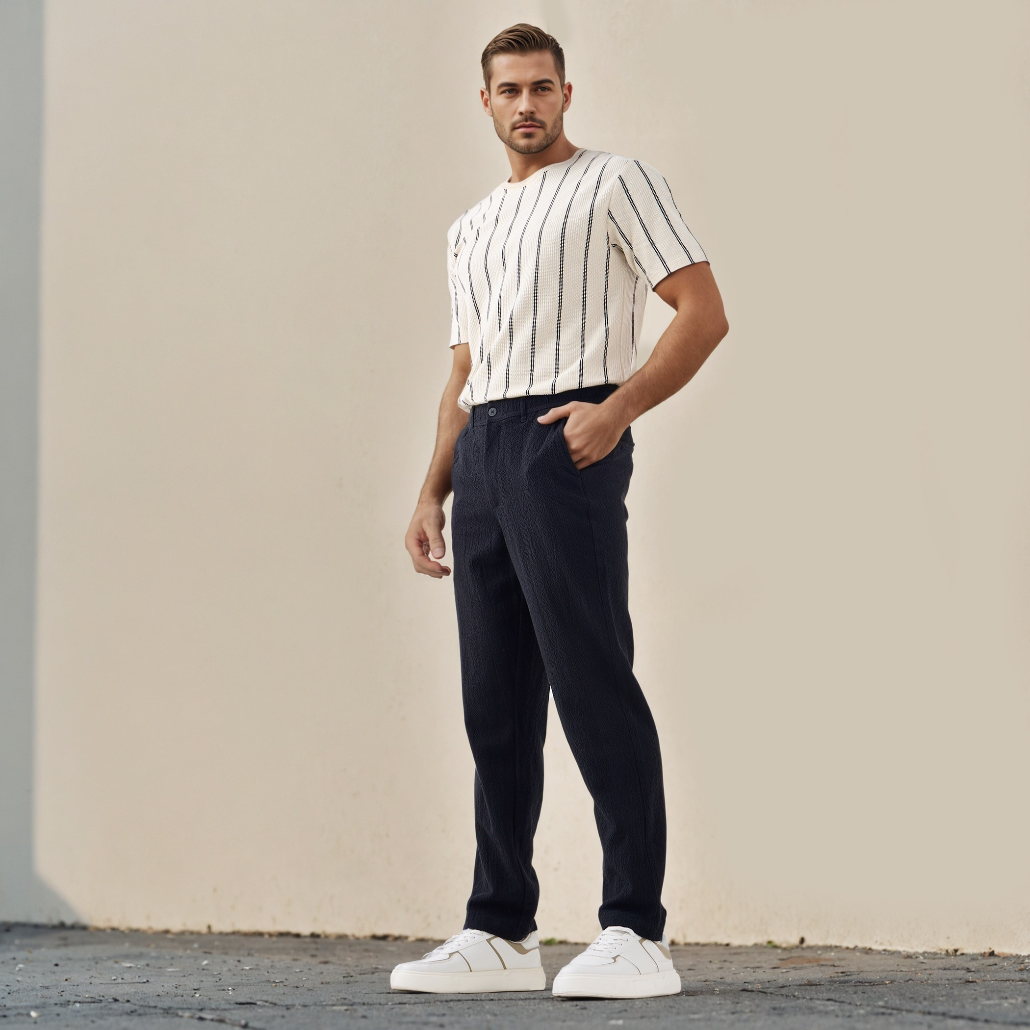 Regular Fit Textured Linen Blend Flexi Waist Trousers-men-clothing-bottoms-trousersandchinos-trousers-image-2