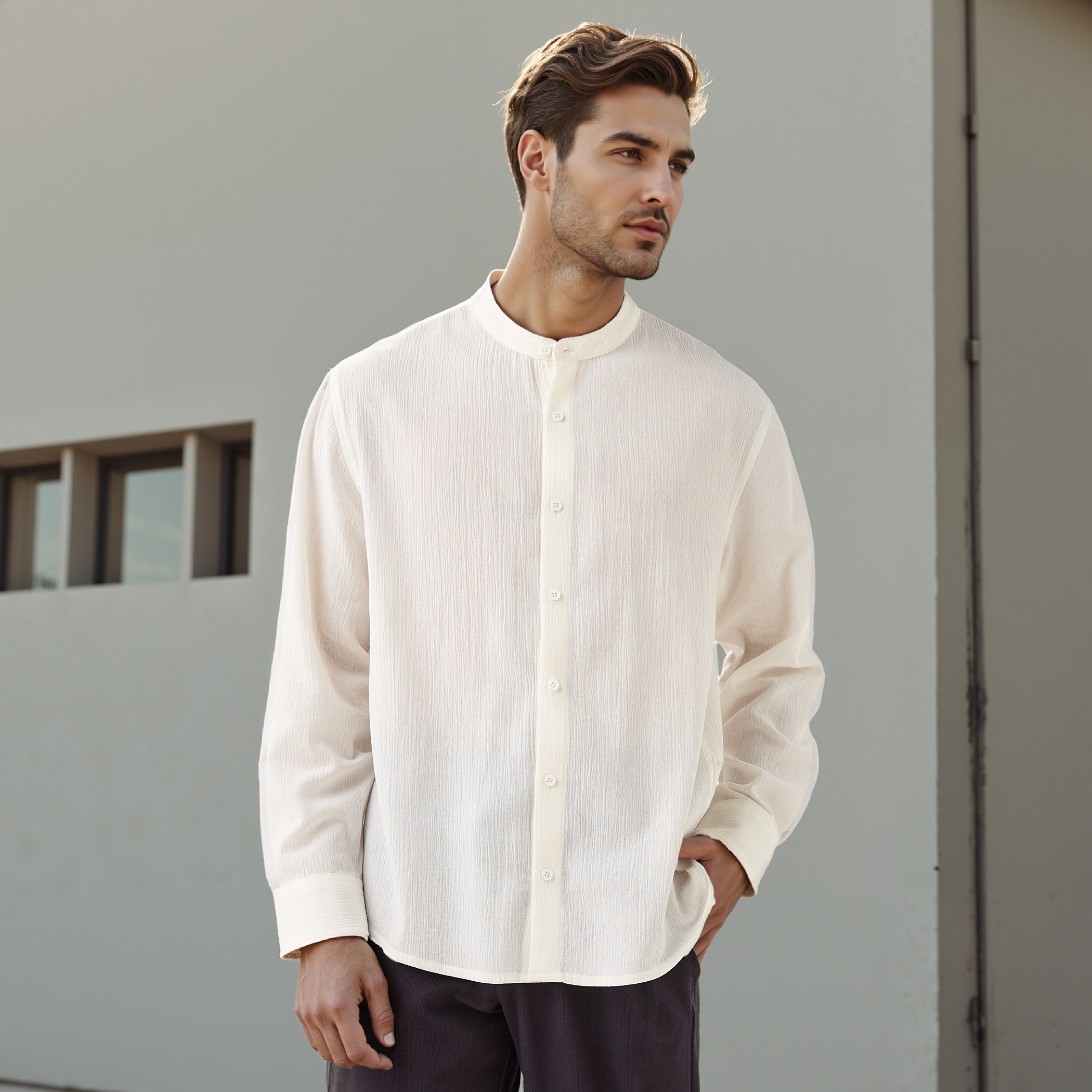 قميص بقصة عادية وملمس بارز وياقة ماندارين-men-clothing-shirts-image-1