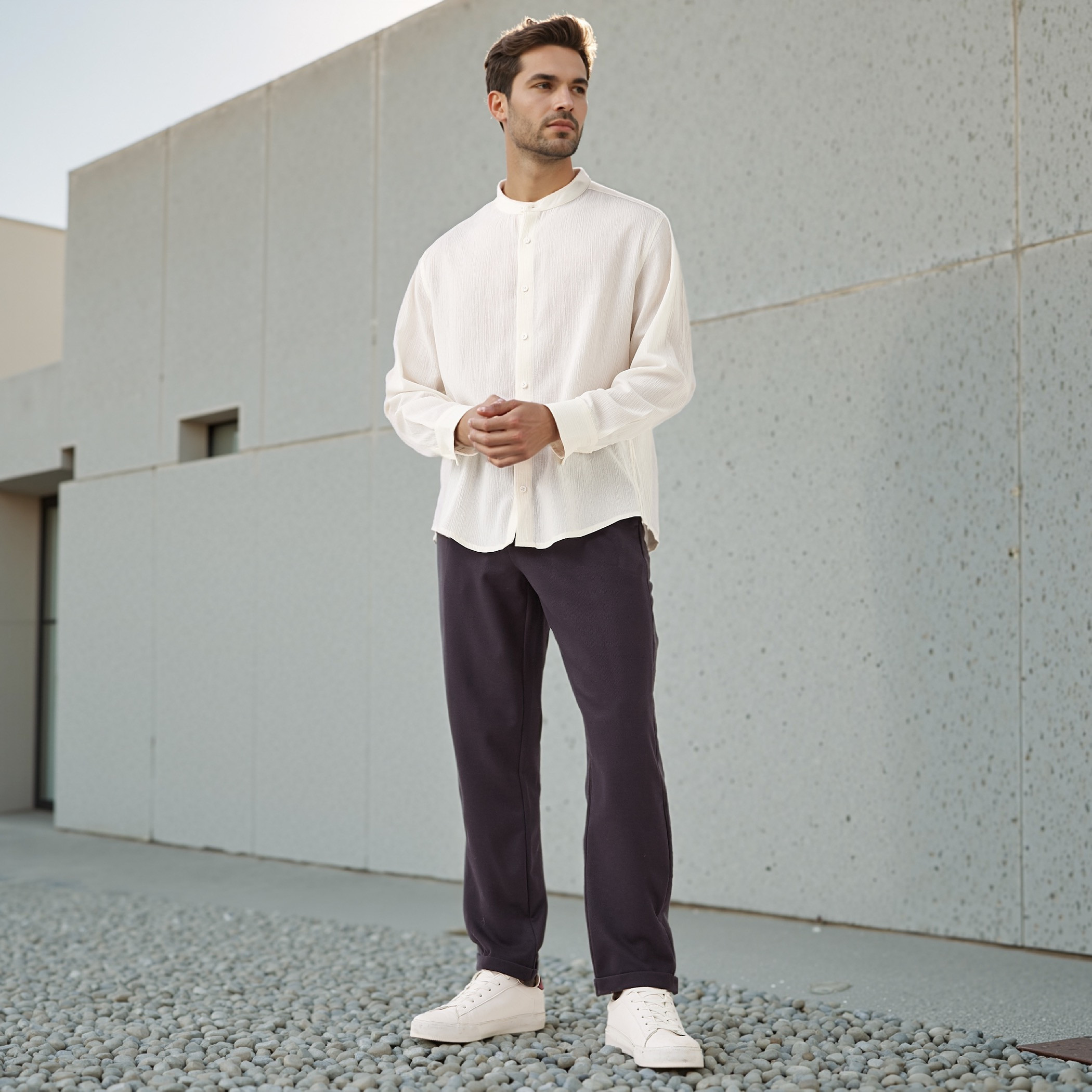 قميص بقصة عادية وملمس بارز وياقة ماندارين-men-clothing-shirts-image-2