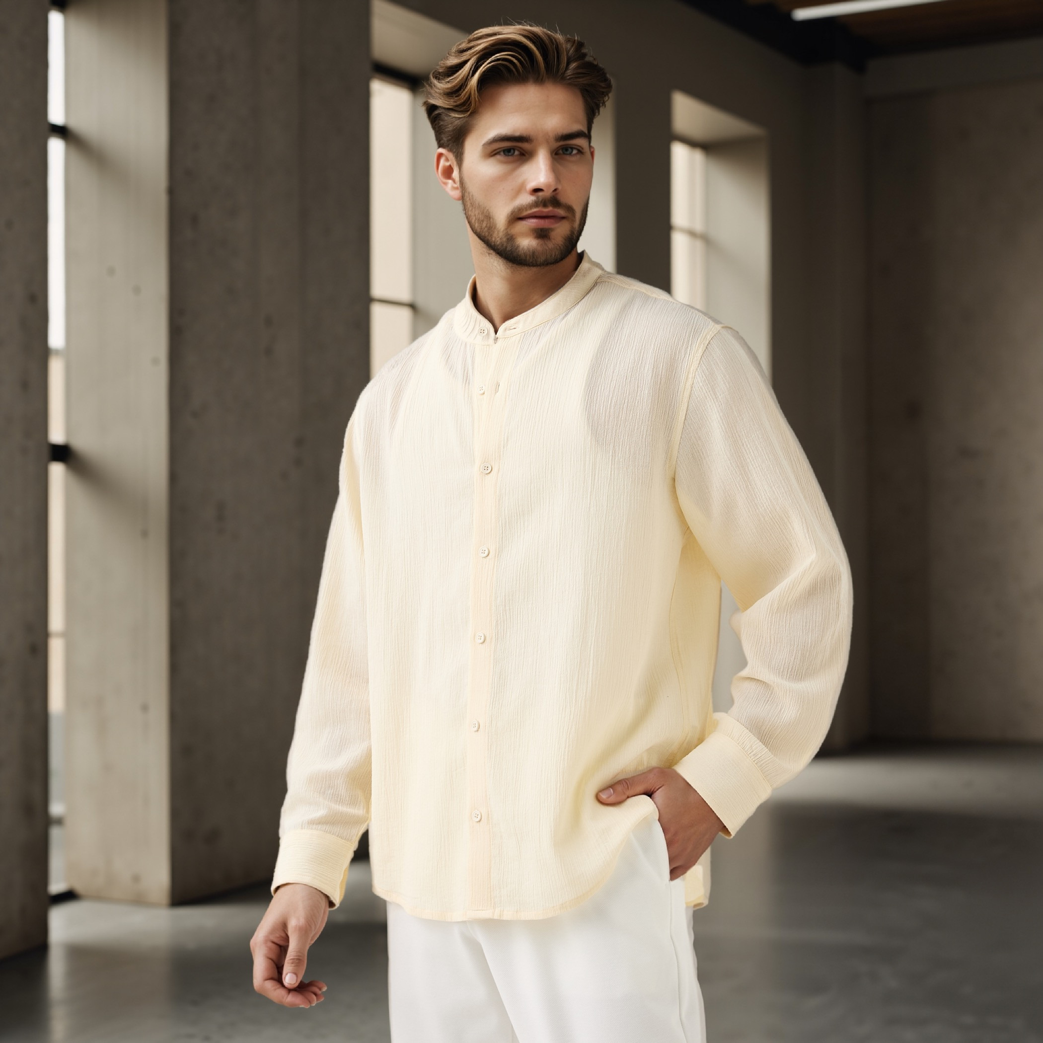 قميص بقصة عادية وملمس بارز وياقة ماندارين-men-clothing-shirts-image-1