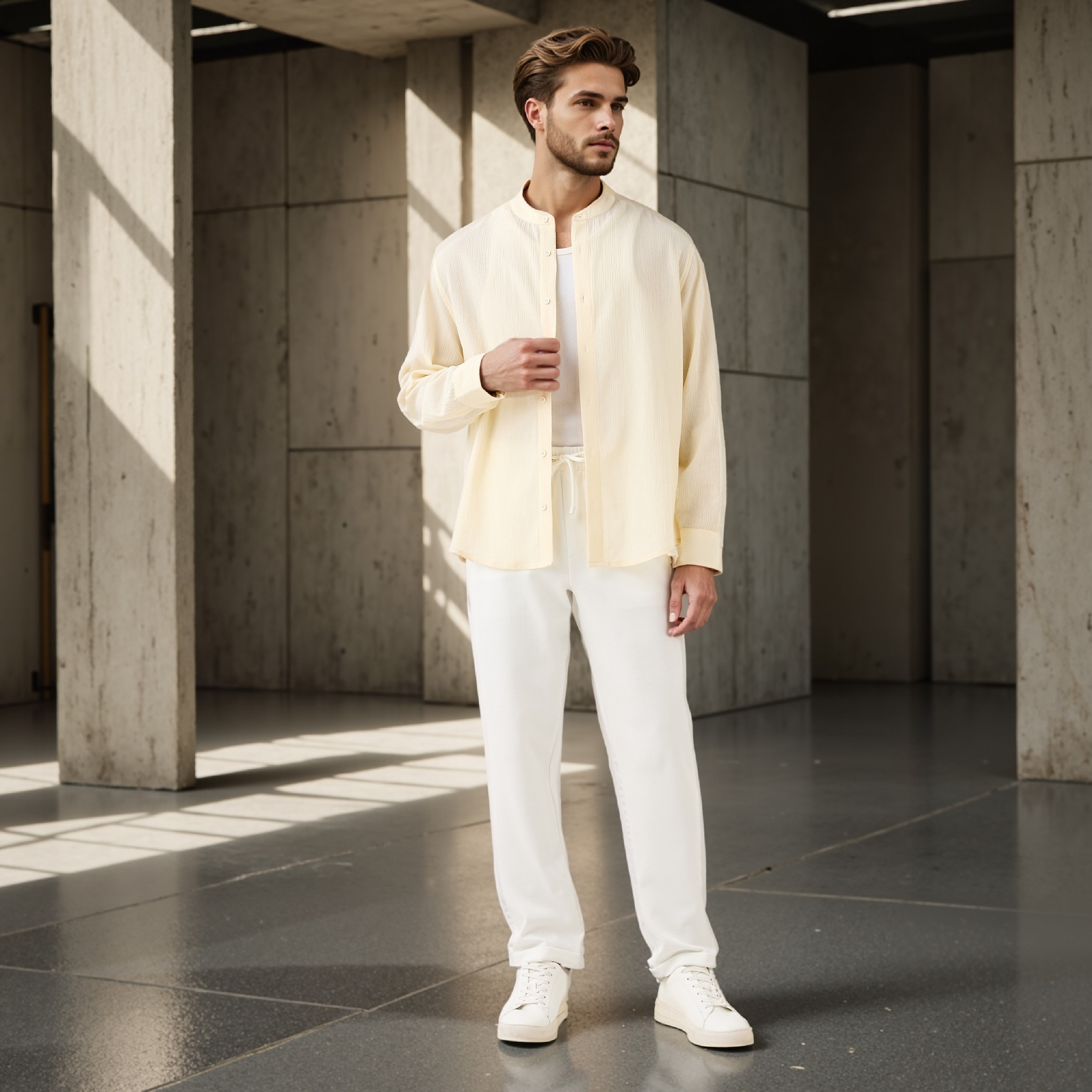 قميص بقصة عادية وملمس بارز وياقة ماندارين-men-clothing-shirts-image-2
