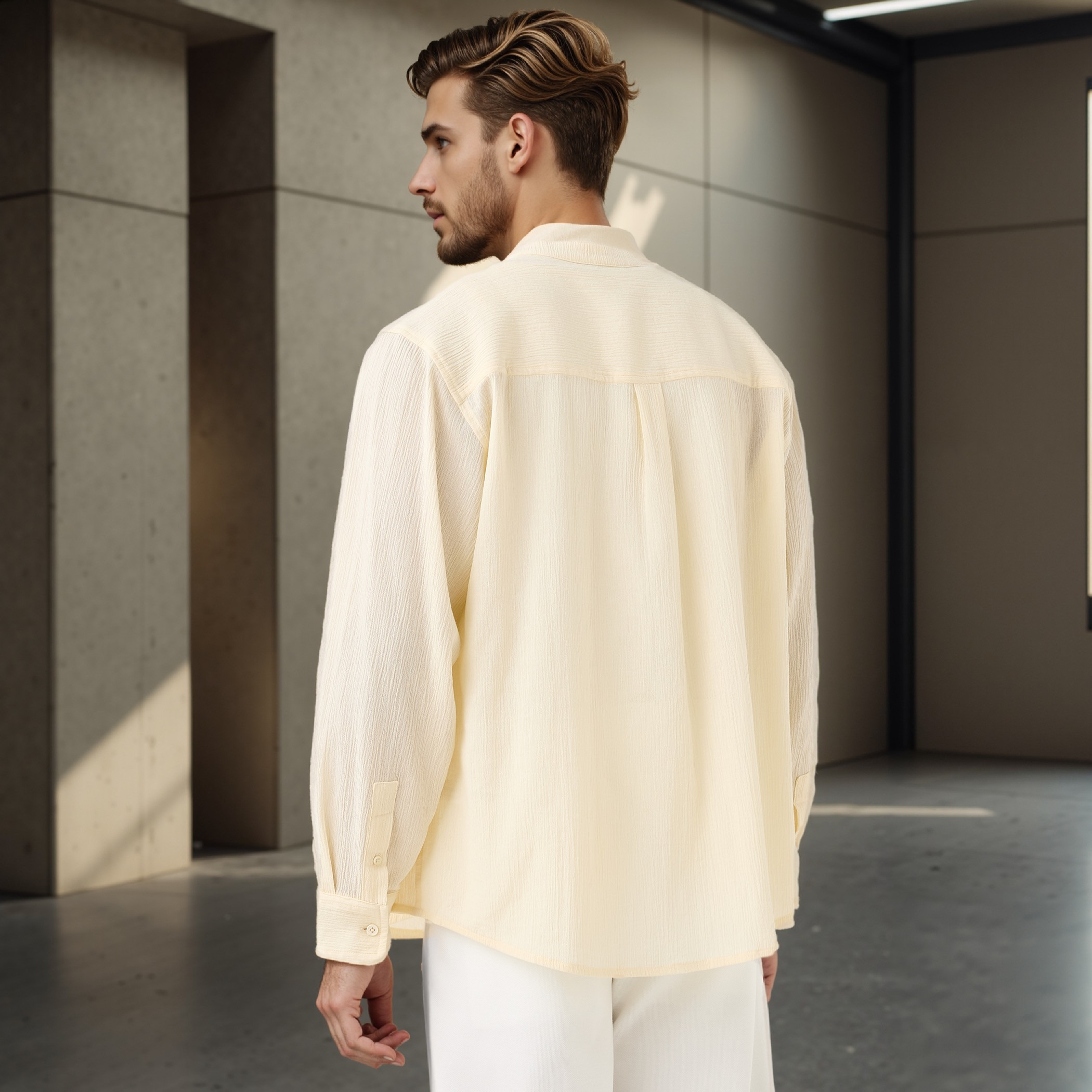 قميص بقصة عادية وملمس بارز وياقة ماندارين-men-clothing-shirts-image-3