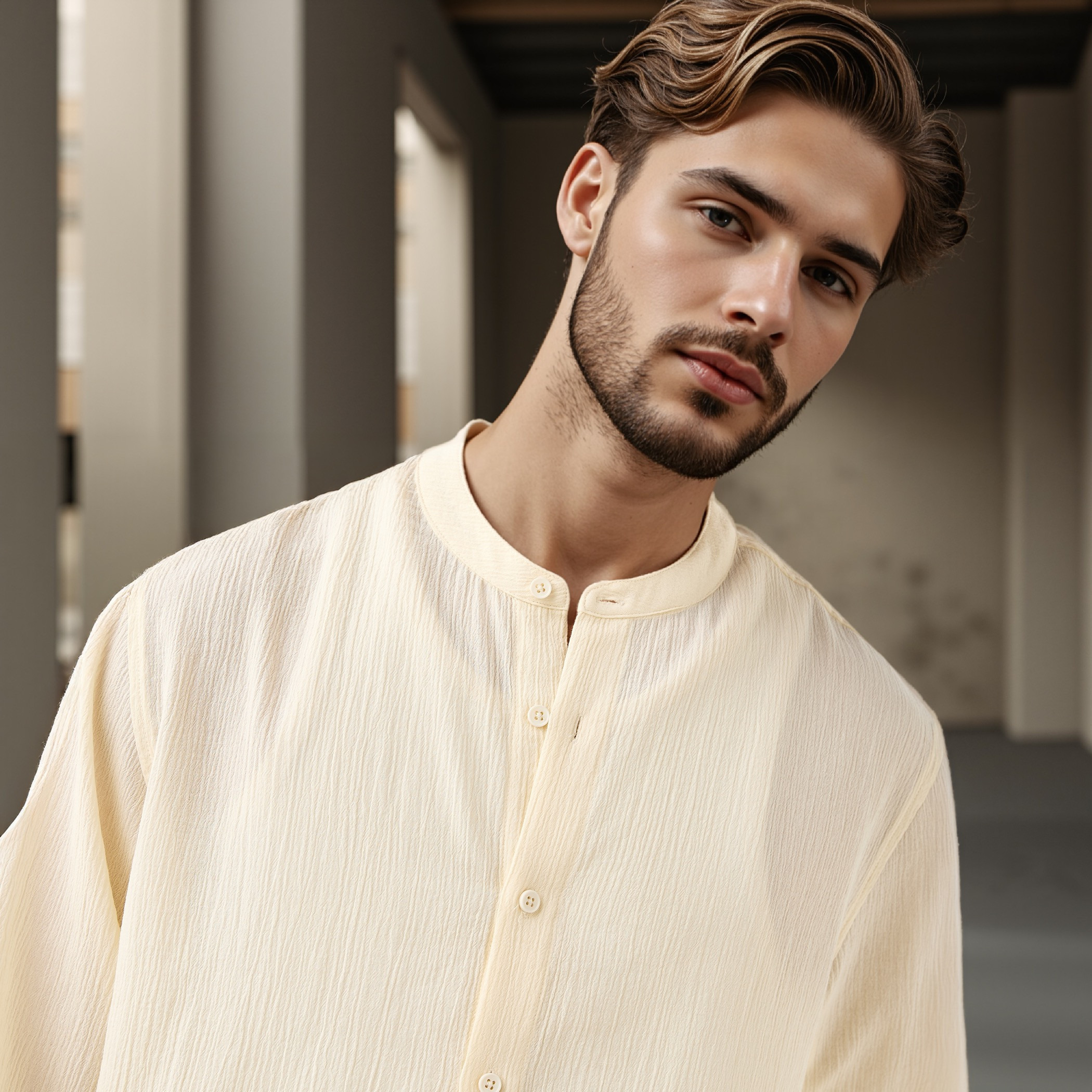 قميص بقصة عادية وملمس بارز وياقة ماندارين-men-clothing-shirts-image-4