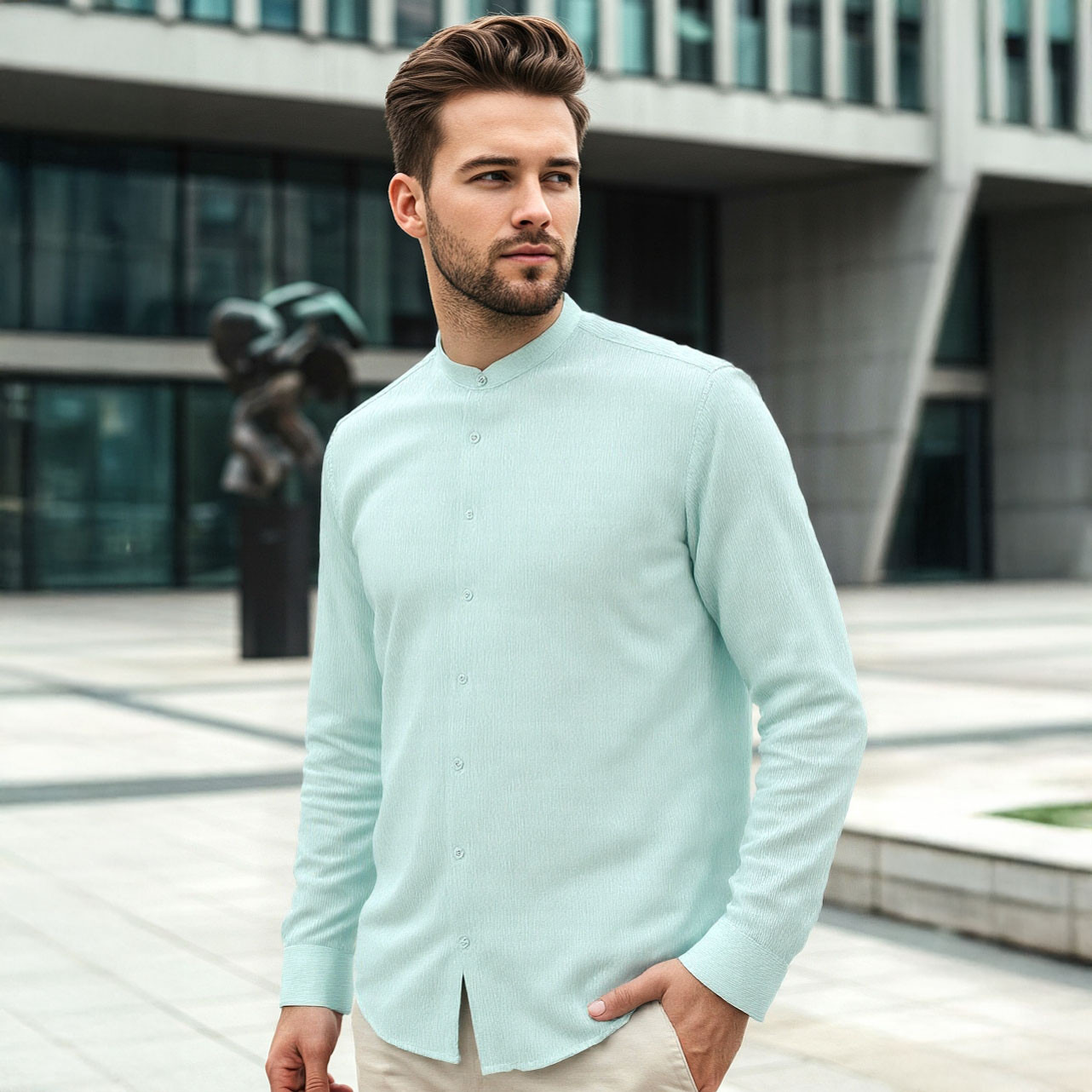 قميص بقصة عادية وملمس بارز وياقة ماندارين-men-clothing-shirts-image-1