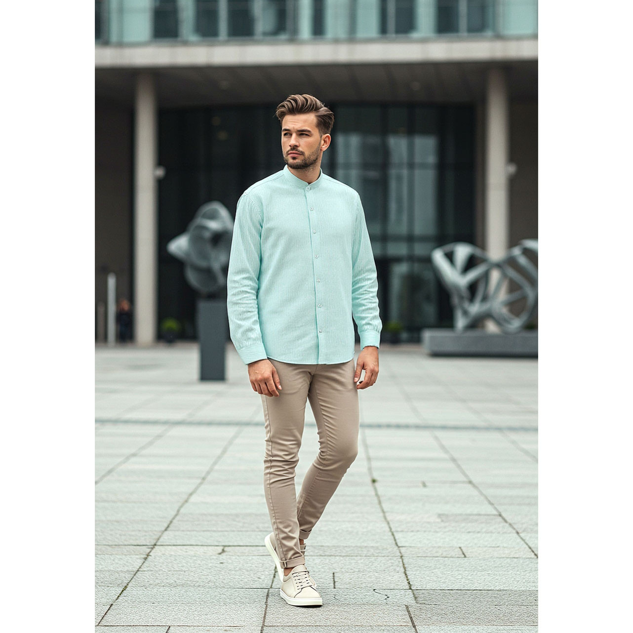 قميص بقصة عادية وملمس بارز وياقة ماندارين-men-clothing-shirts-image-2