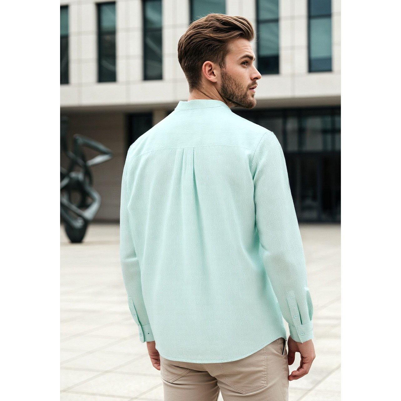 قميص بقصة عادية وملمس بارز وياقة ماندارين-men-clothing-shirts-image-3