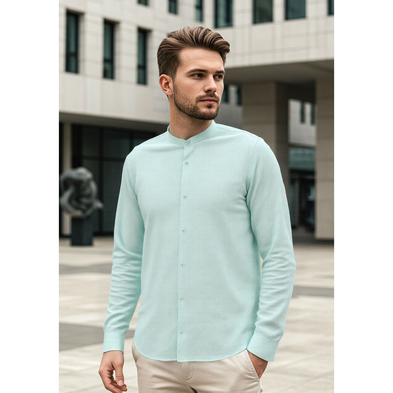 قميص بقصة عادية وملمس بارز وياقة ماندارين-men-clothing-shirts-image-4