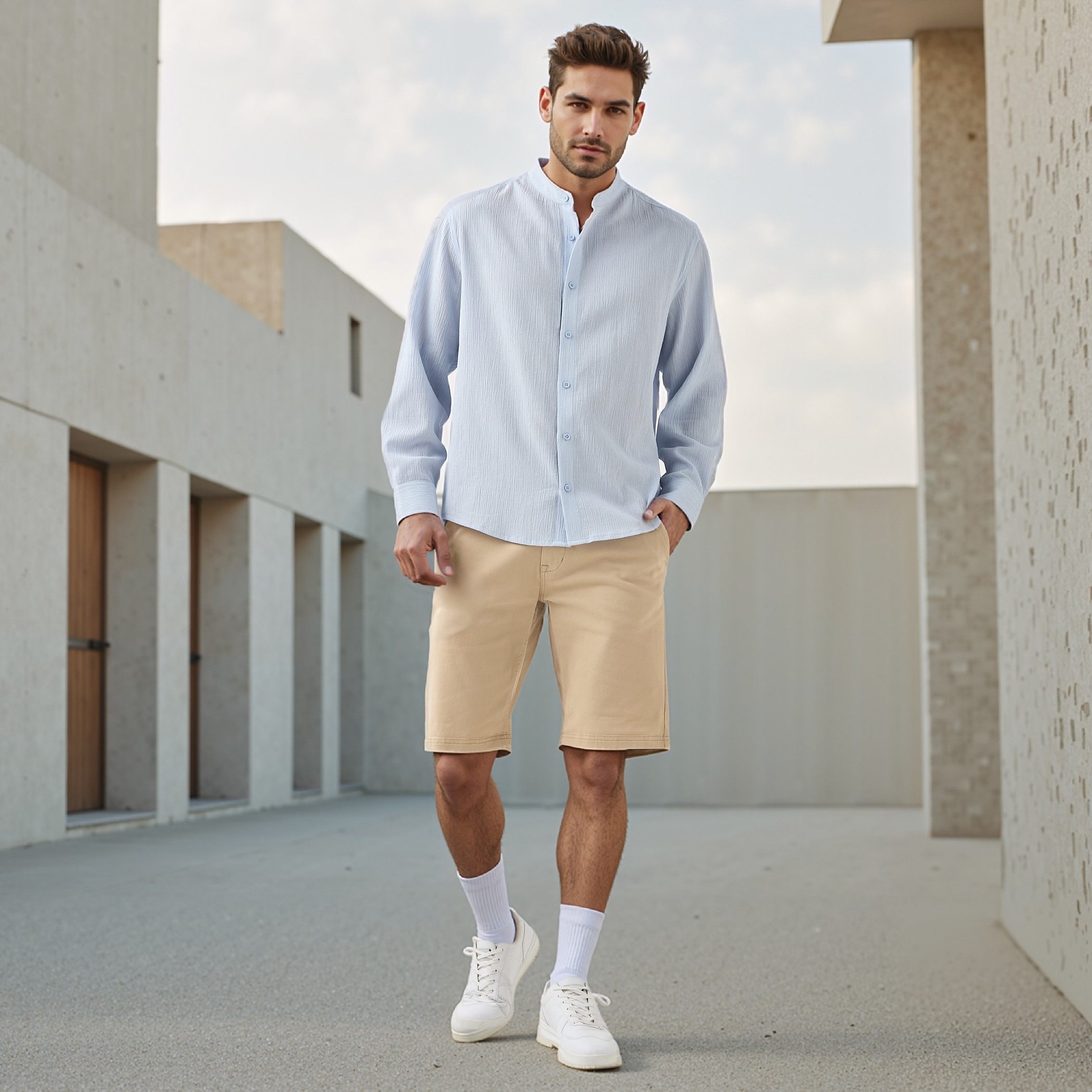 Regular Fit Textured Mandarin Collar Shirt-men-clothing-shirts-image-2
