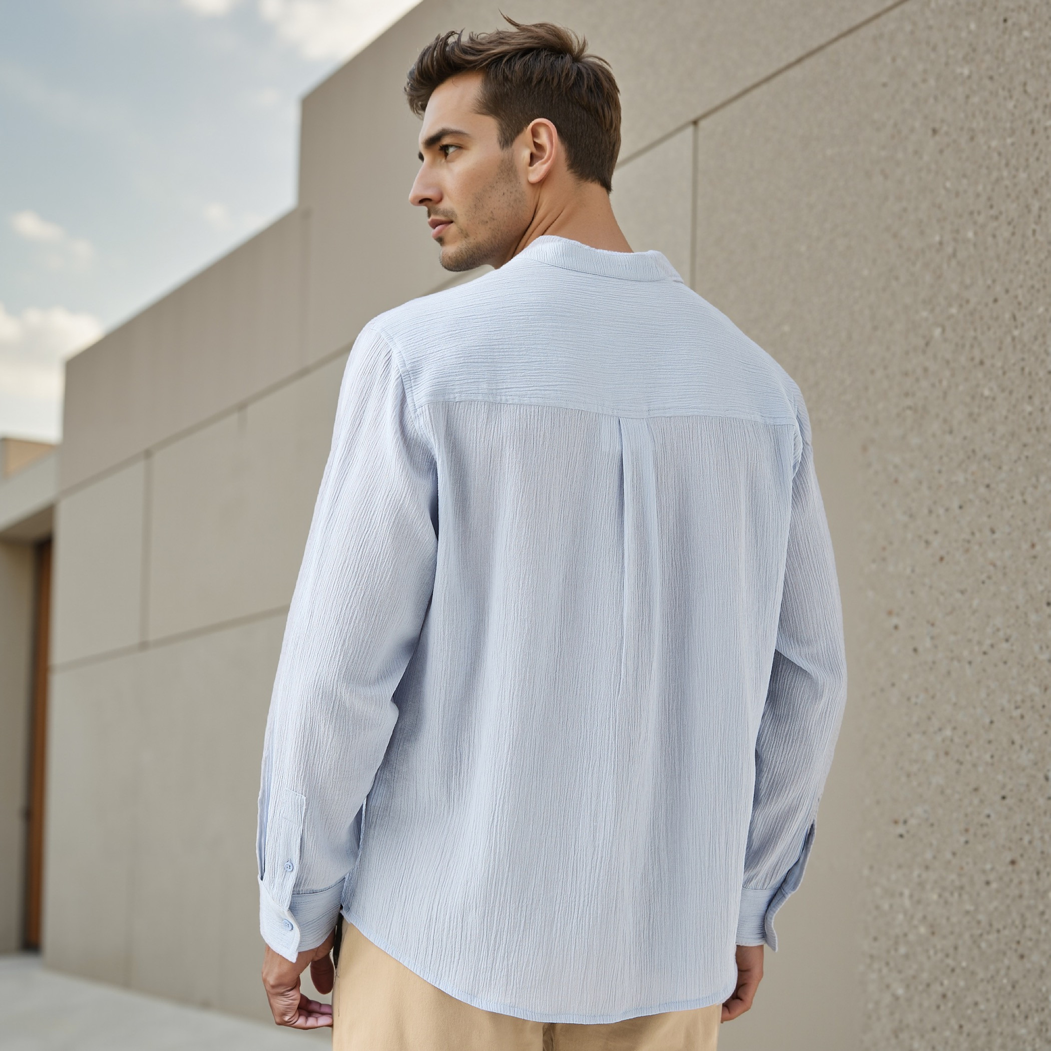 Regular Fit Textured Mandarin Collar Shirt-men-clothing-shirts-image-3