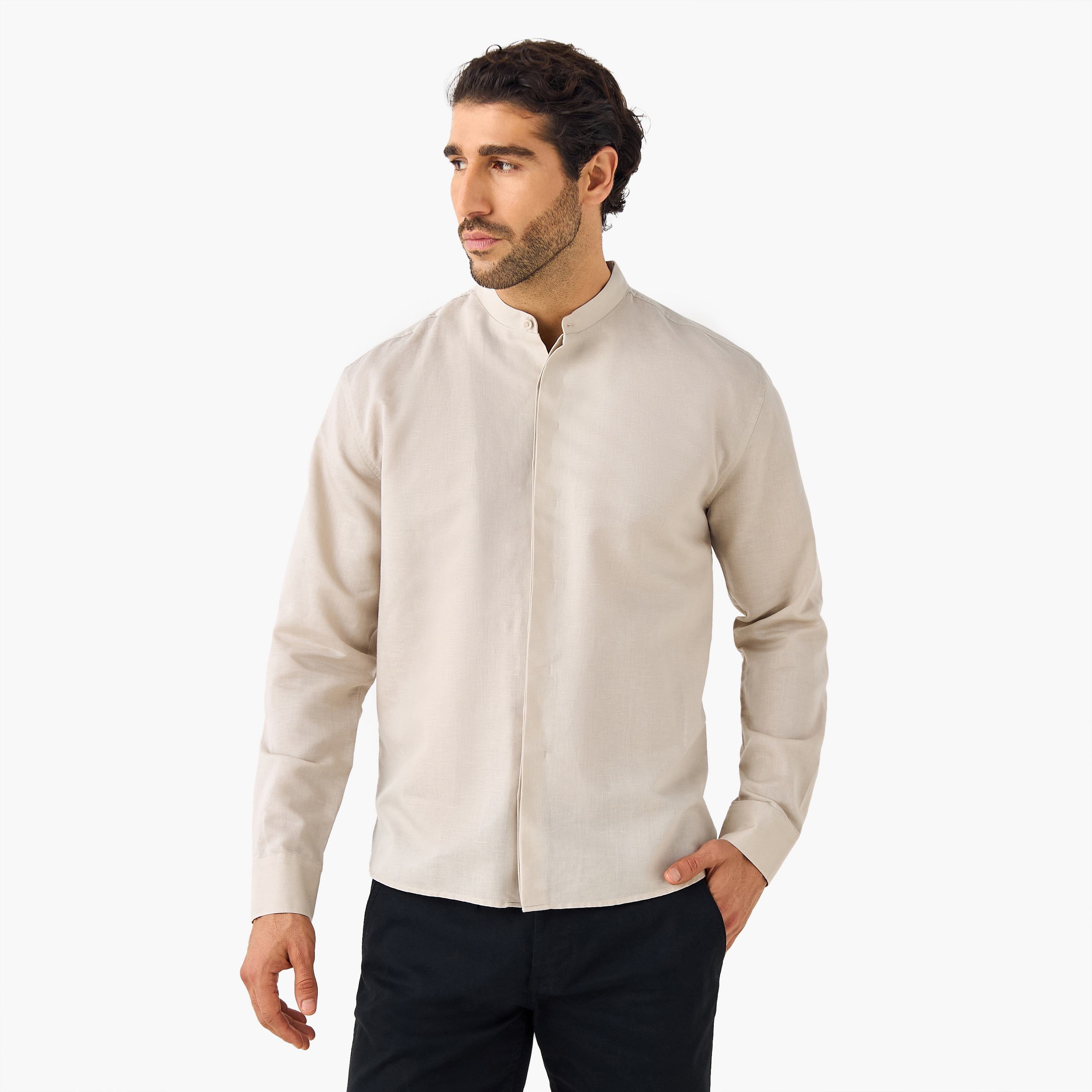 Regular Fit Mandarin Collar Linen Blend Shirt-men-clothing-shirts-image-1