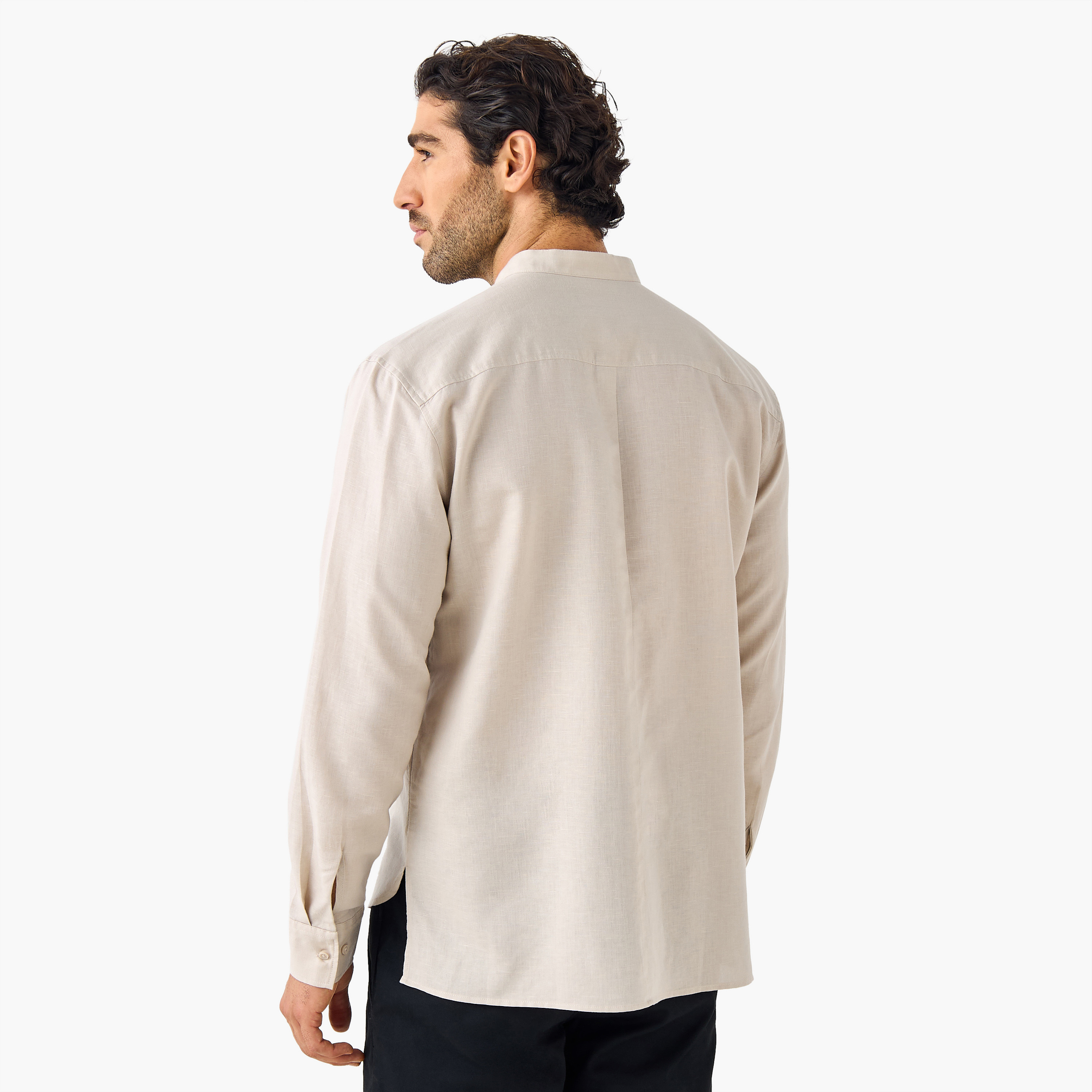 Regular Fit Mandarin Collar Linen Blend Shirt-men-clothing-shirts-image-3