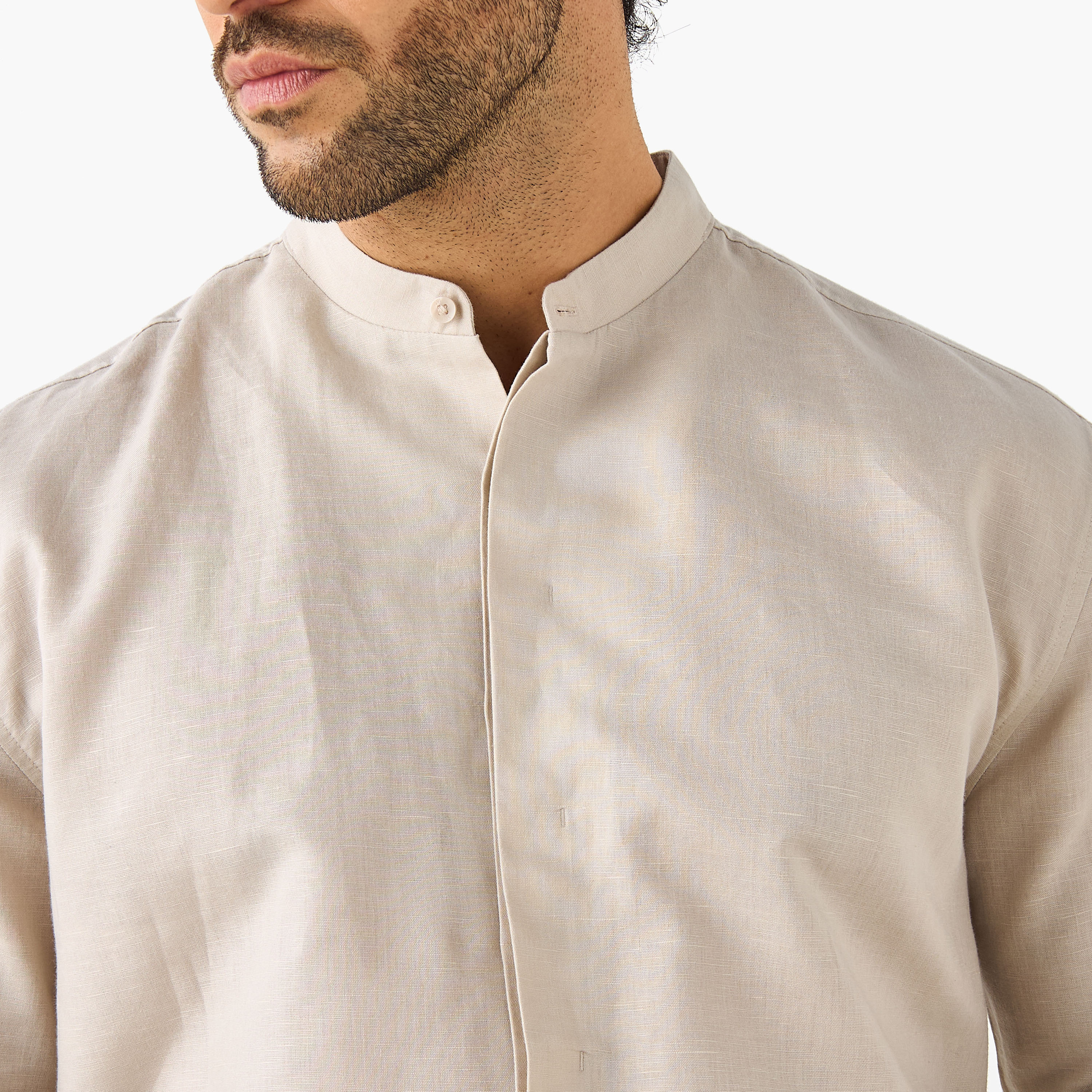Regular Fit Mandarin Collar Linen Blend Shirt-men-clothing-shirts-image-4