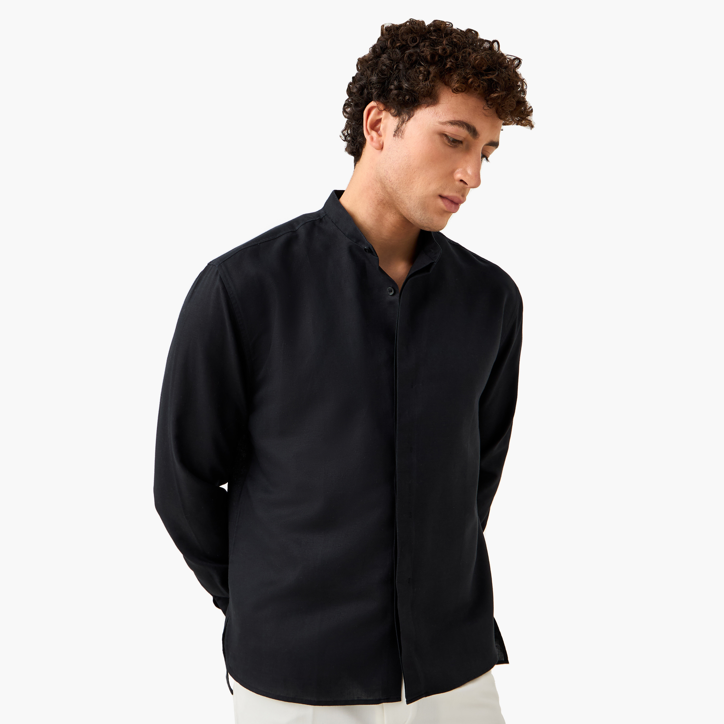 Regular Fit Mandarin Collar Linen Blend Shirt-men-clothing-shirts-image-1
