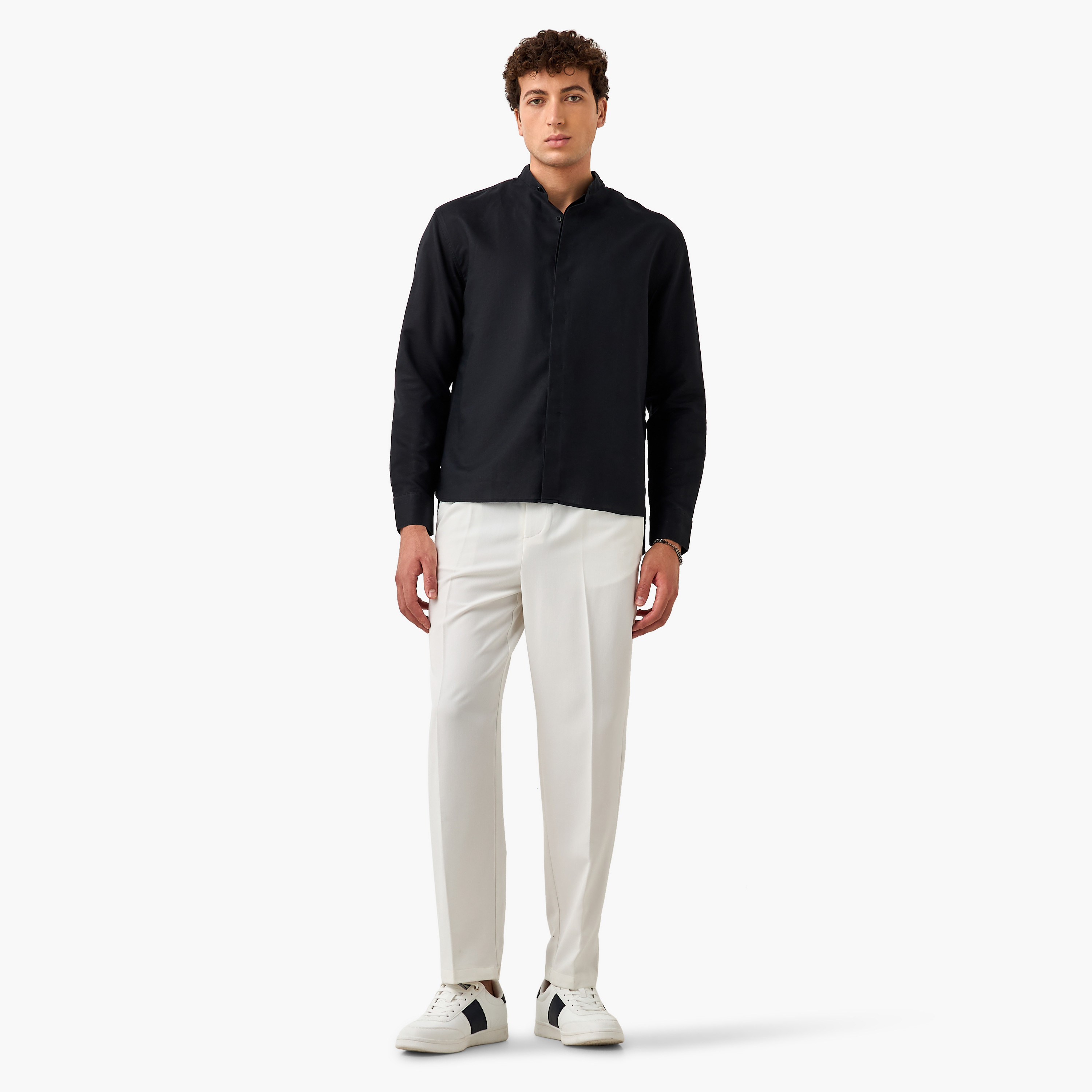 Regular Fit Mandarin Collar Linen Blend Shirt-men-clothing-shirts-image-2