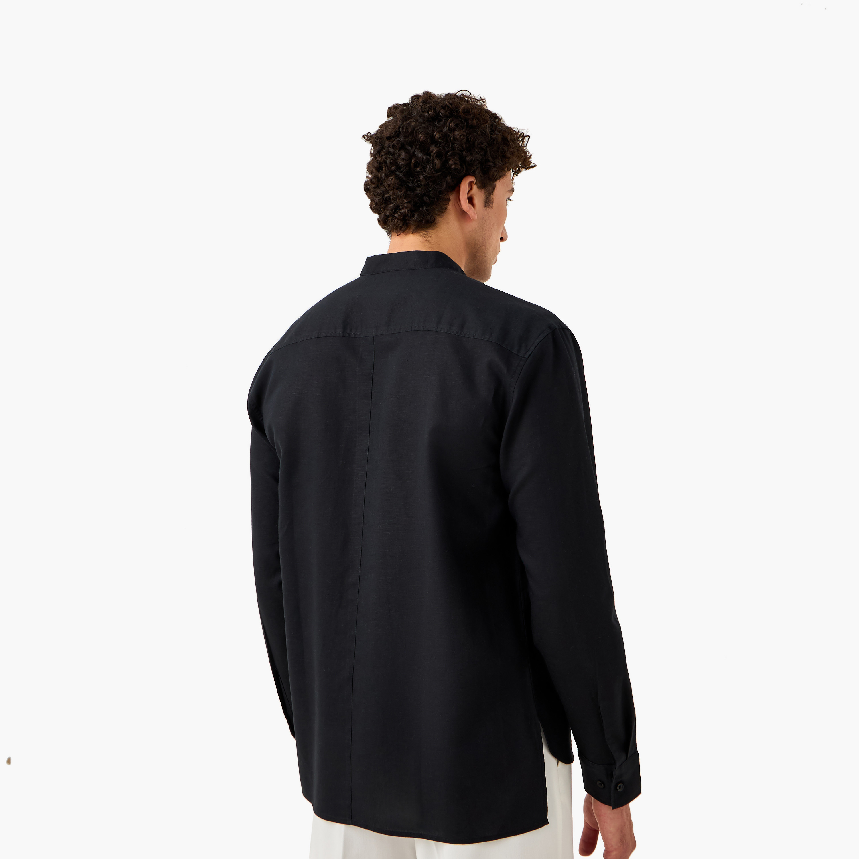 Regular Fit Mandarin Collar Linen Blend Shirt-men-clothing-shirts-image-3