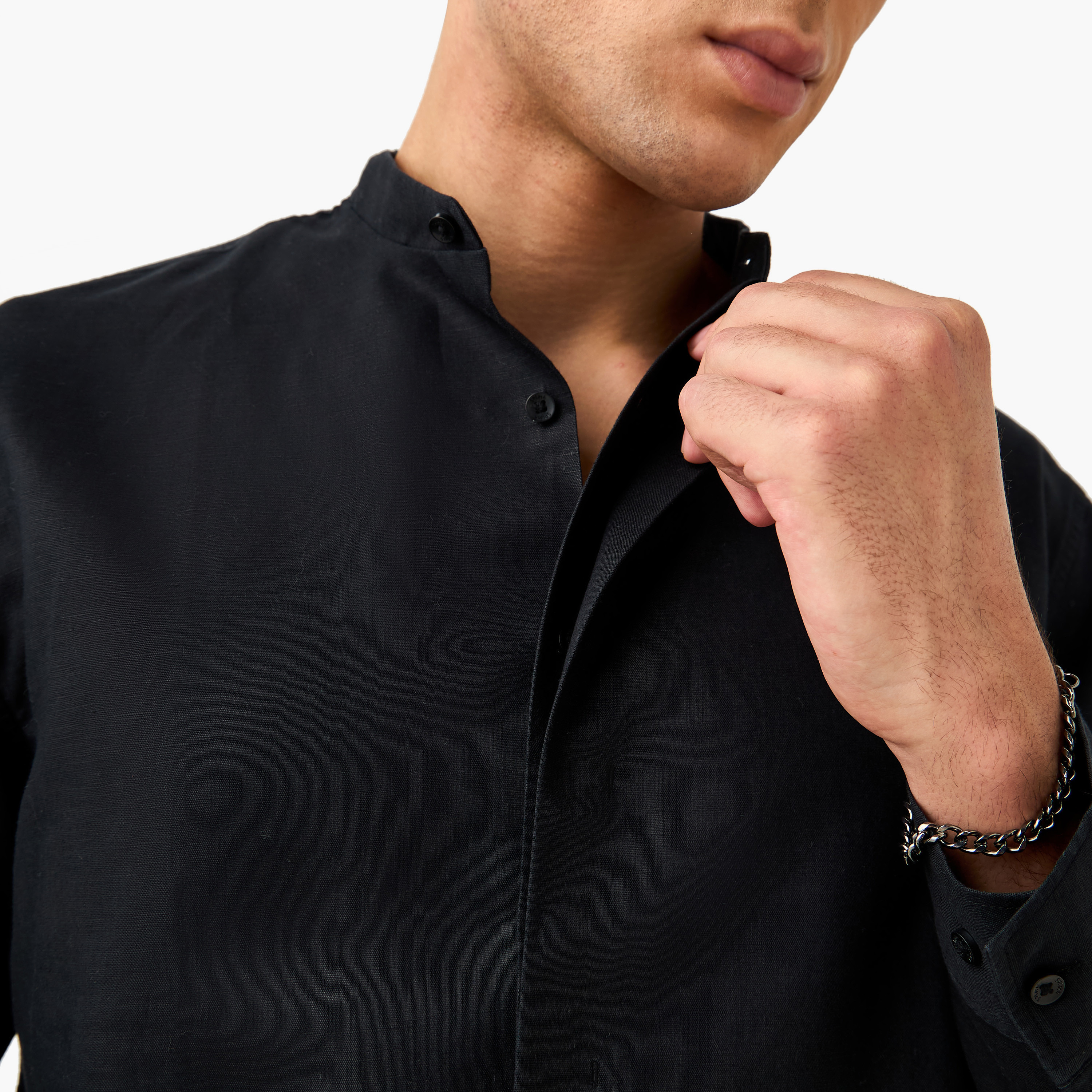 Regular Fit Mandarin Collar Linen Blend Shirt-men-clothing-shirts-image-5