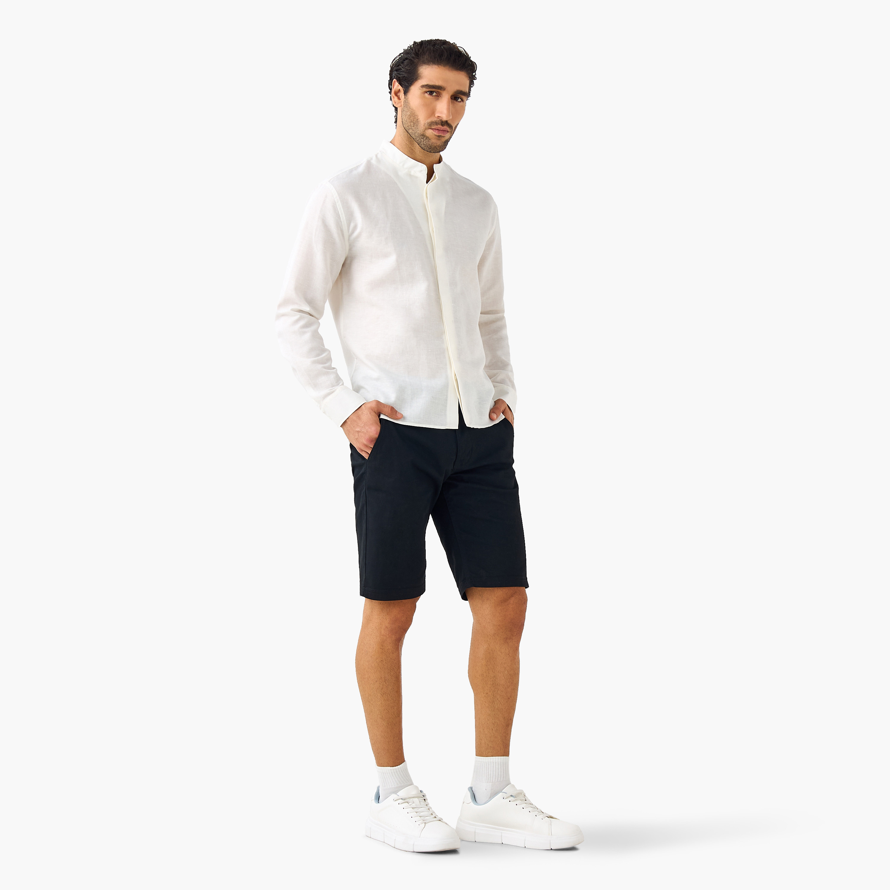 Regular Fit Mandarin Collar Linen Blend Shirt-men-clothing-shirts-image-2