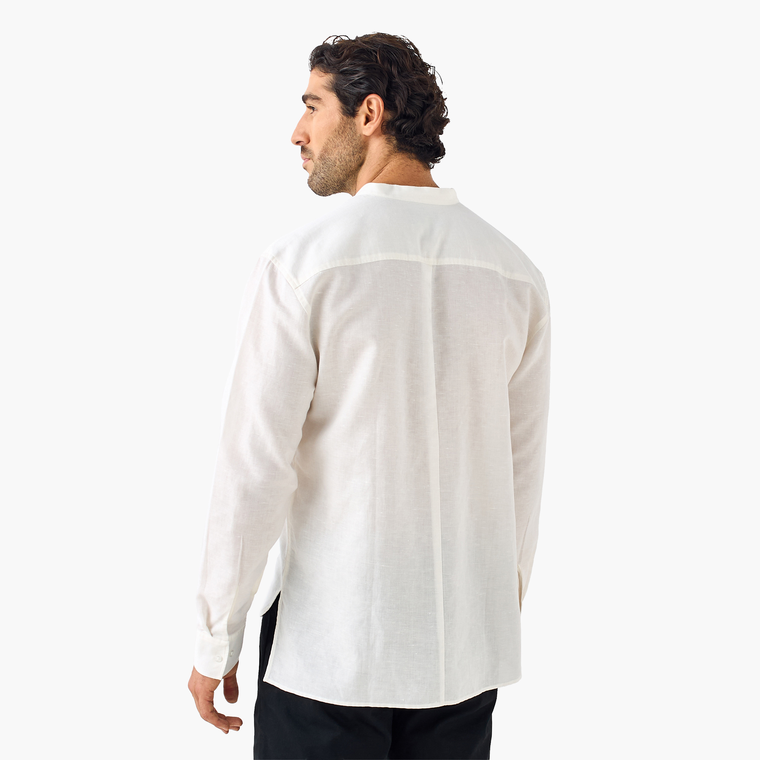 Regular Fit Mandarin Collar Linen Blend Shirt-men-clothing-shirts-image-3