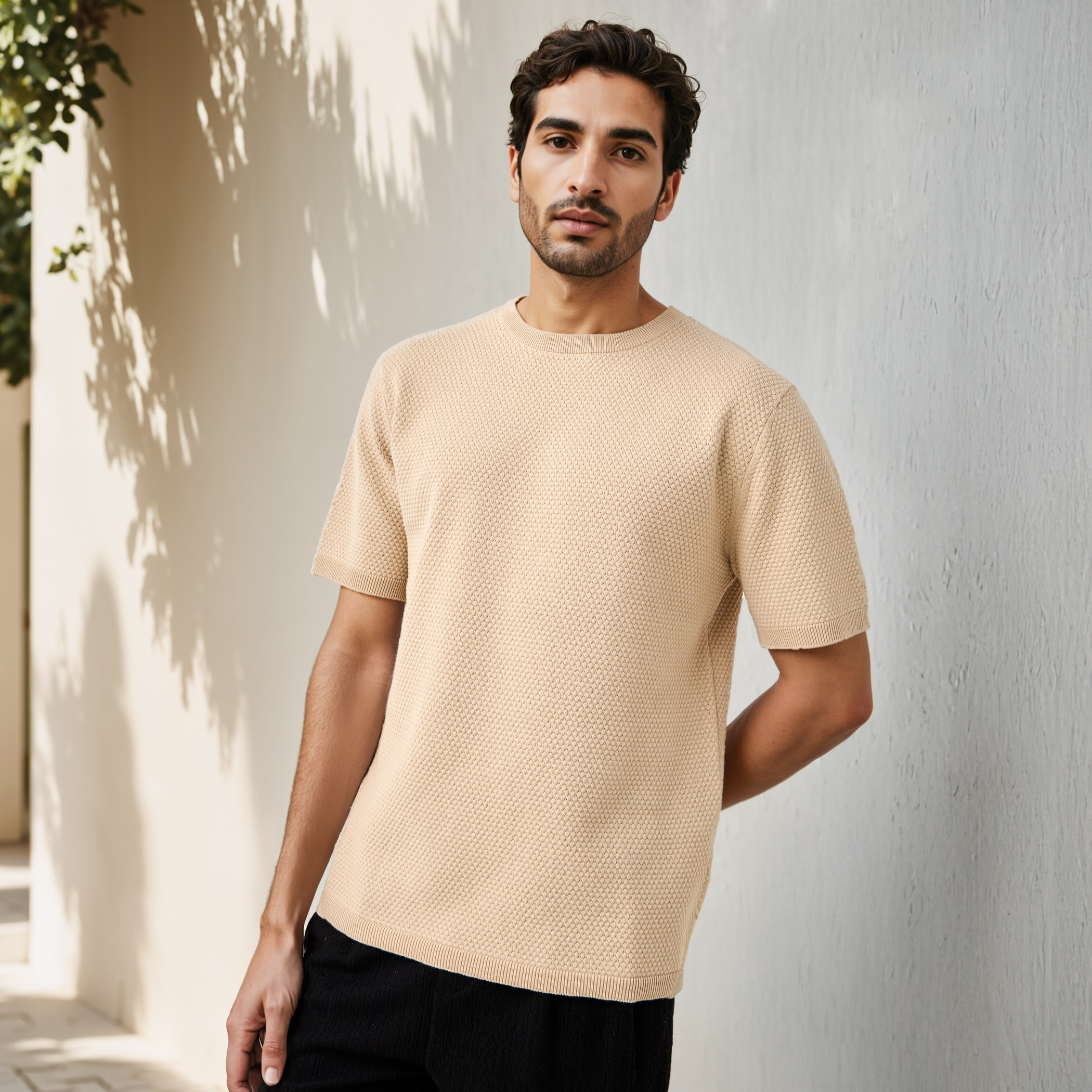 تيشيرت بارز الملمس بياقة ضيقة-men-clothing-tshirtsandpolos-tshirts-image-1