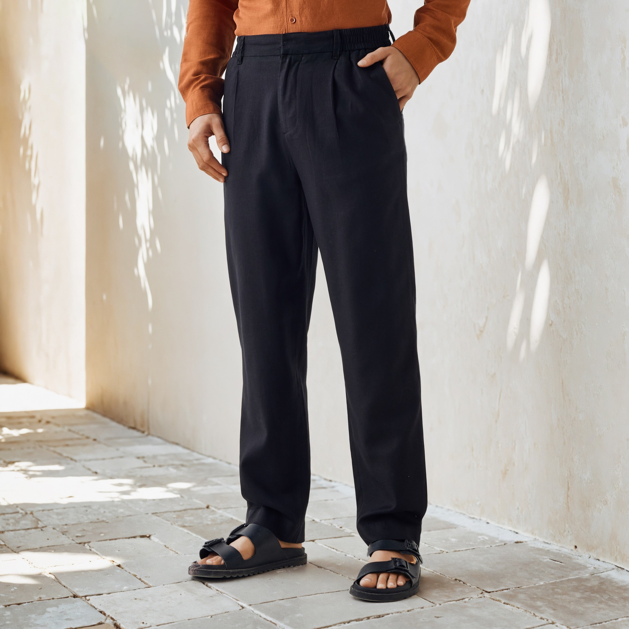 Relaxed Fit Pleated Linen Flexi Waist Trousers-men-clothing-bottoms-trousersandchinos-trousers-image-1