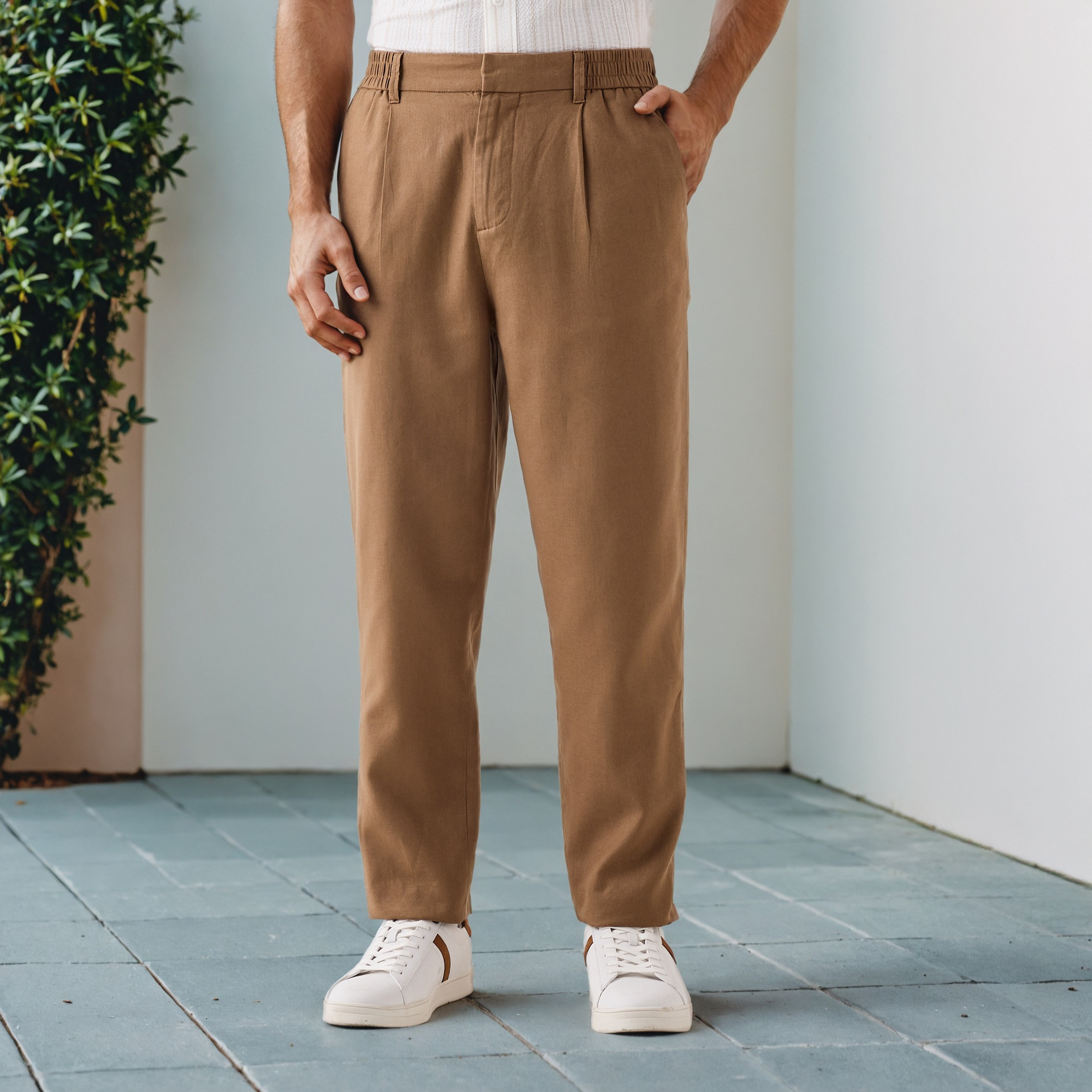 Relaxed Fit Pleated Linen Flexi Waist Trousers-men-clothing-bottoms-trousersandchinos-trousers-image-1