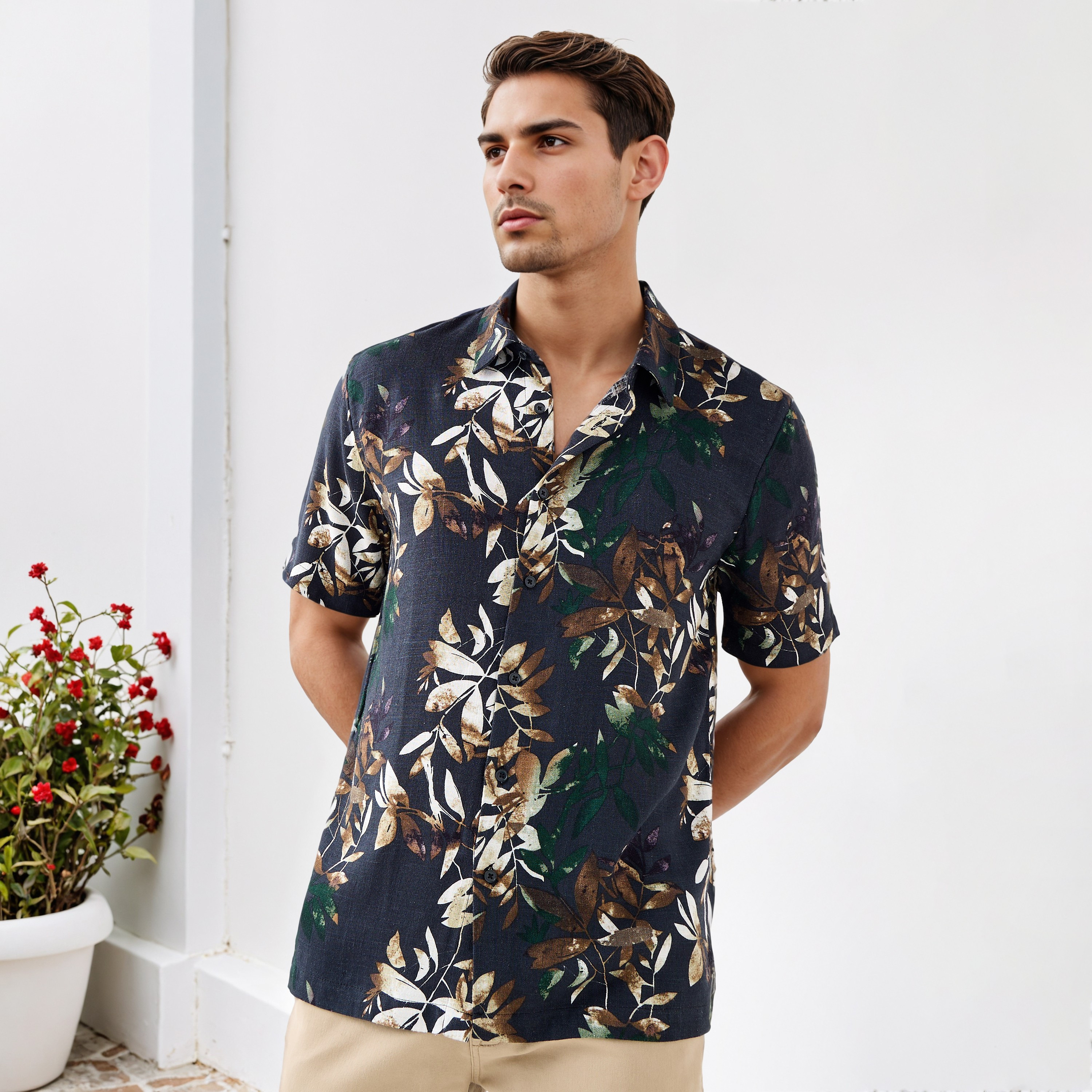 All-Over Botanical Print Regular Fit Linen Blend Shirt-men-clothing-shirts-image-1