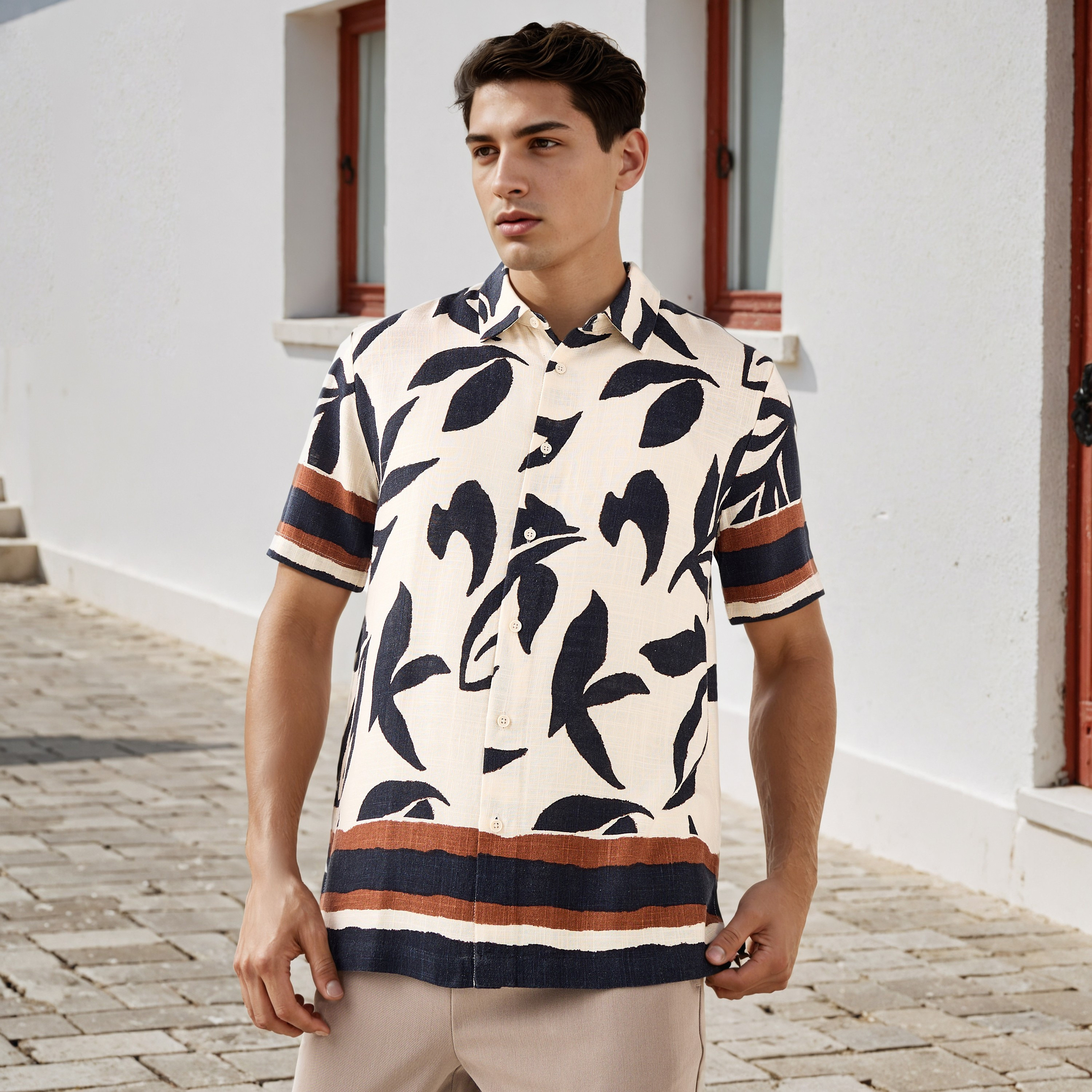 All-Over Botanical Print Regular Fit Linen Blend Shirt-men-clothing-shirts-image-1