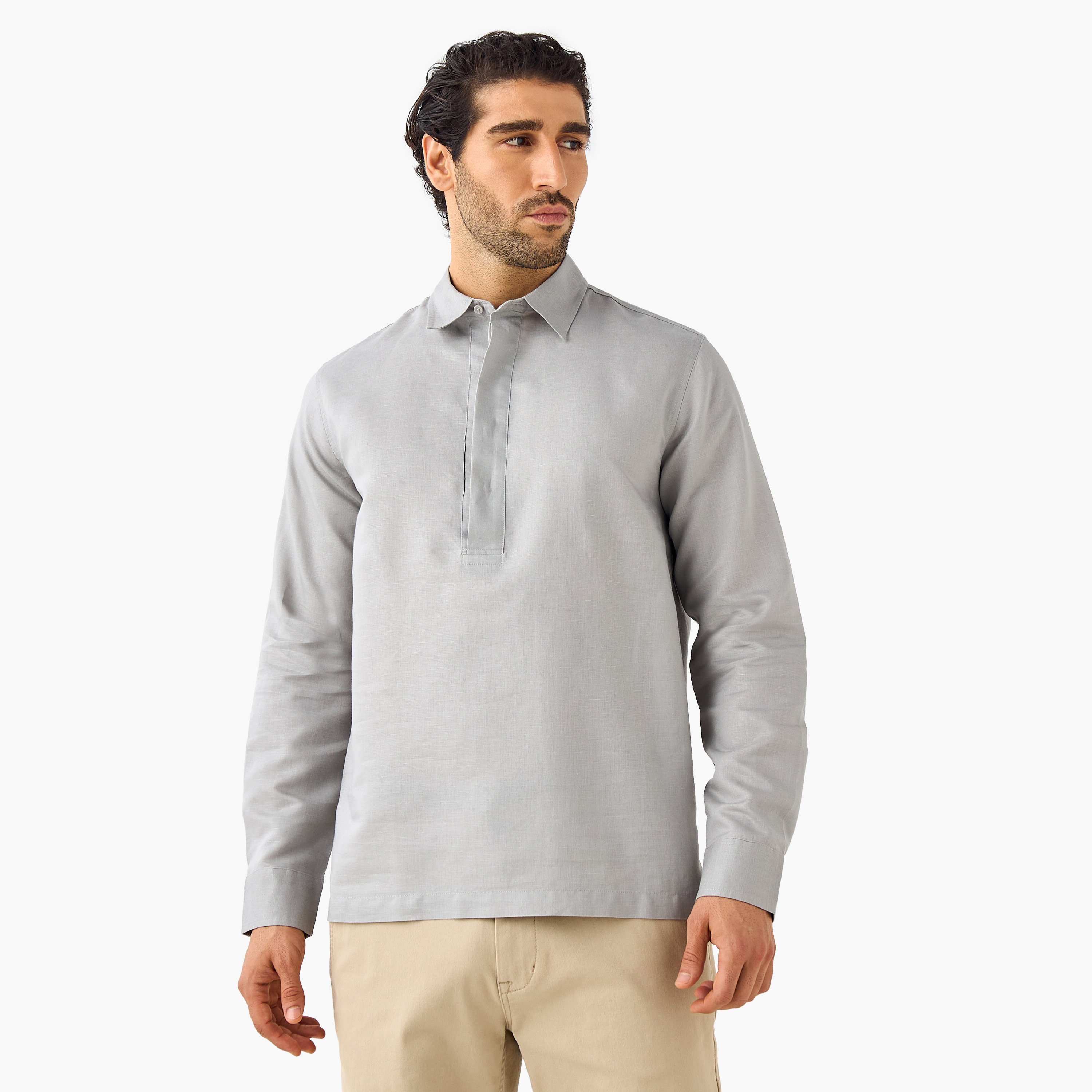 قميص من مزيج الكتان بقصة عادية ونصف وصلة أزرار-men-clothing-shirts-image-1
