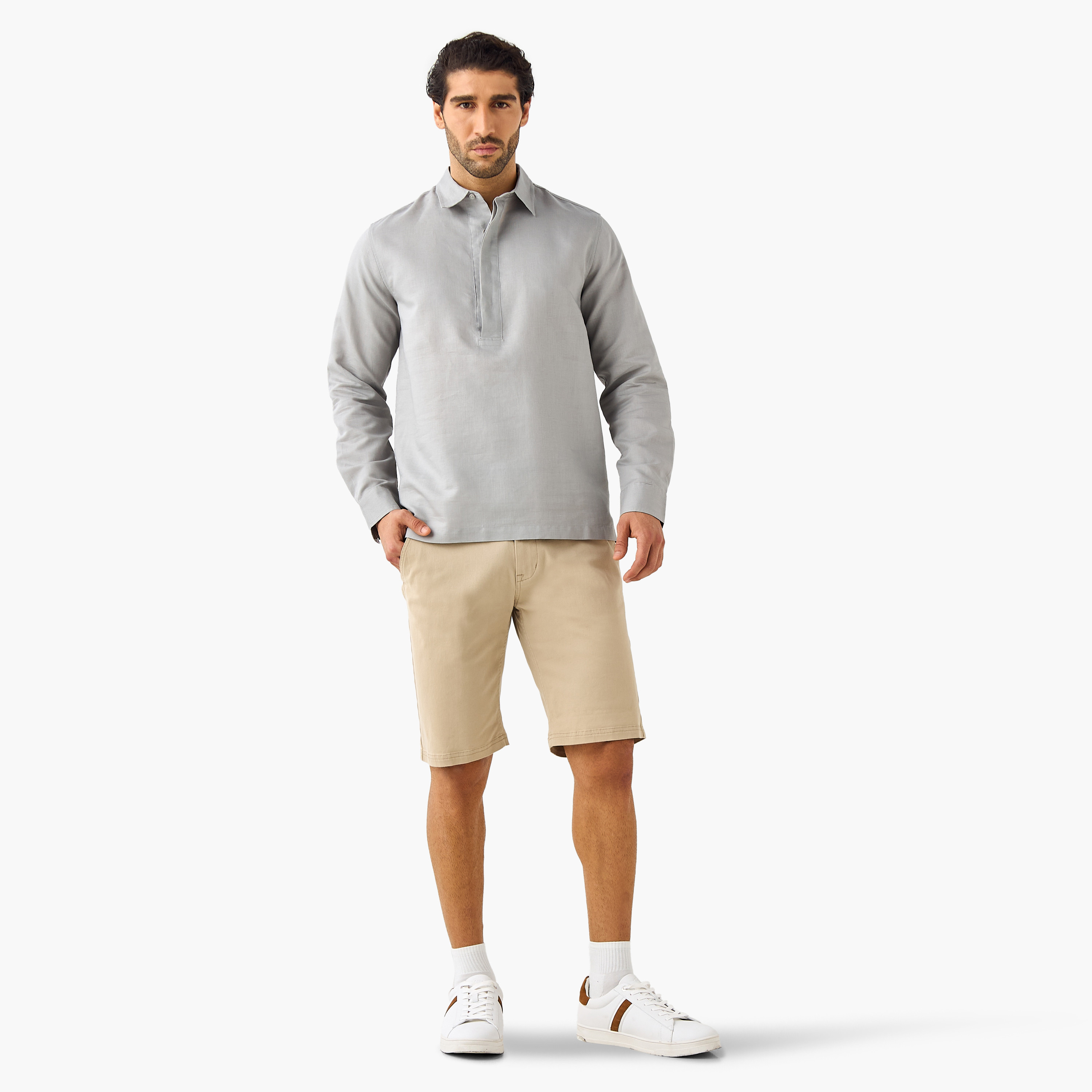 قميص من مزيج الكتان بقصة عادية ونصف وصلة أزرار-men-clothing-shirts-image-2