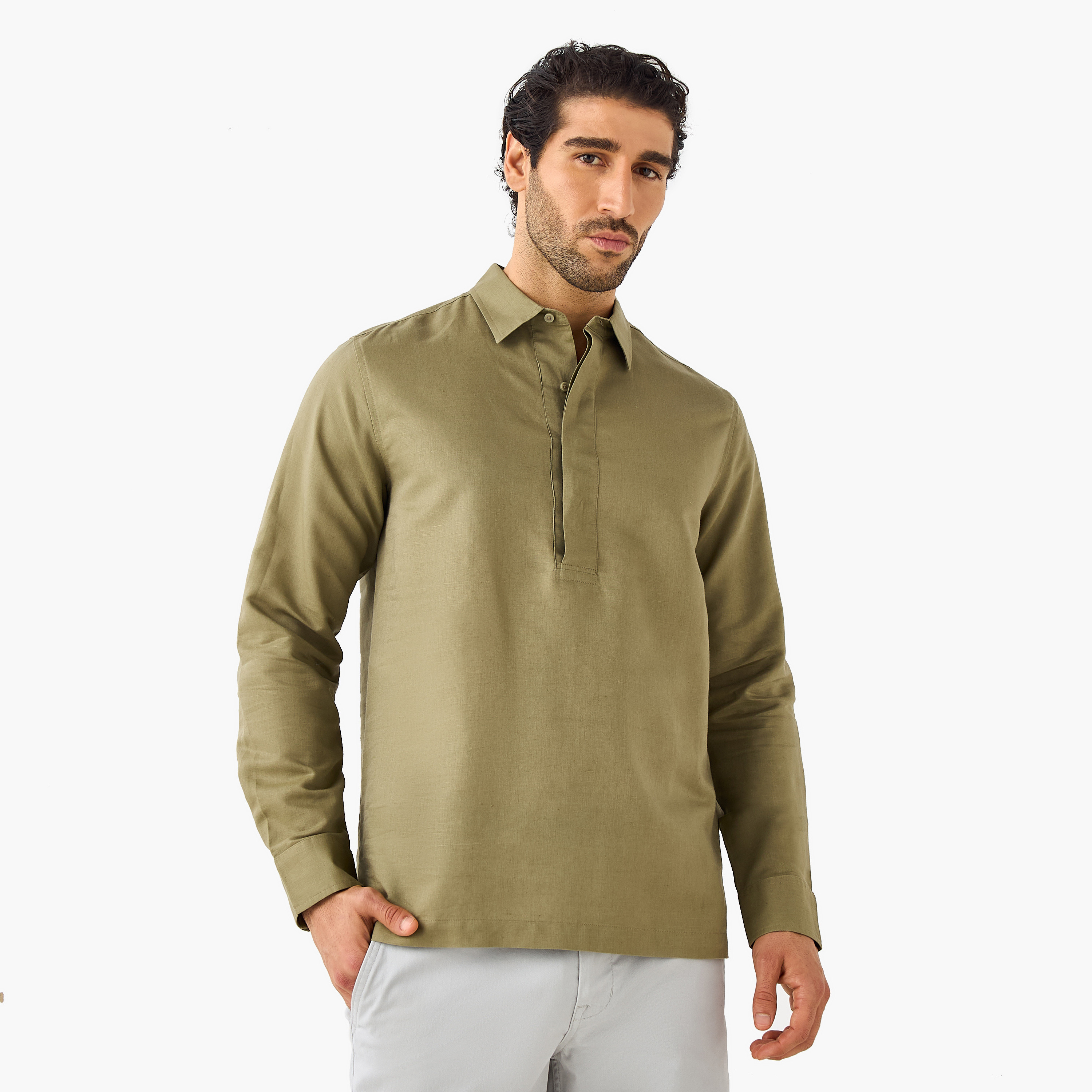 Regular Fit Linen Blend Half Placket Shirt-men-clothing-shirts-image-1