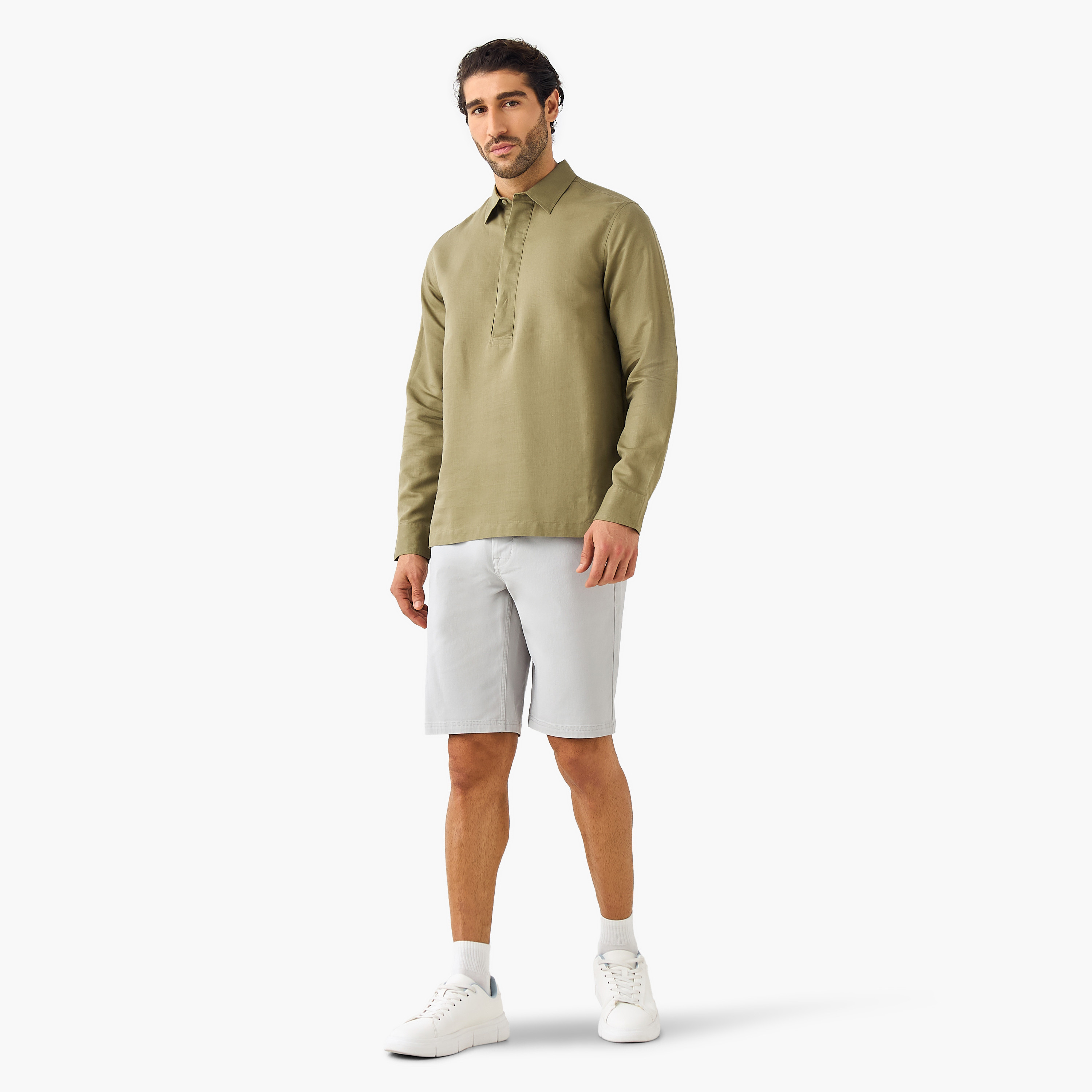 Regular Fit Linen Blend Half Placket Shirt-men-clothing-shirts-image-2