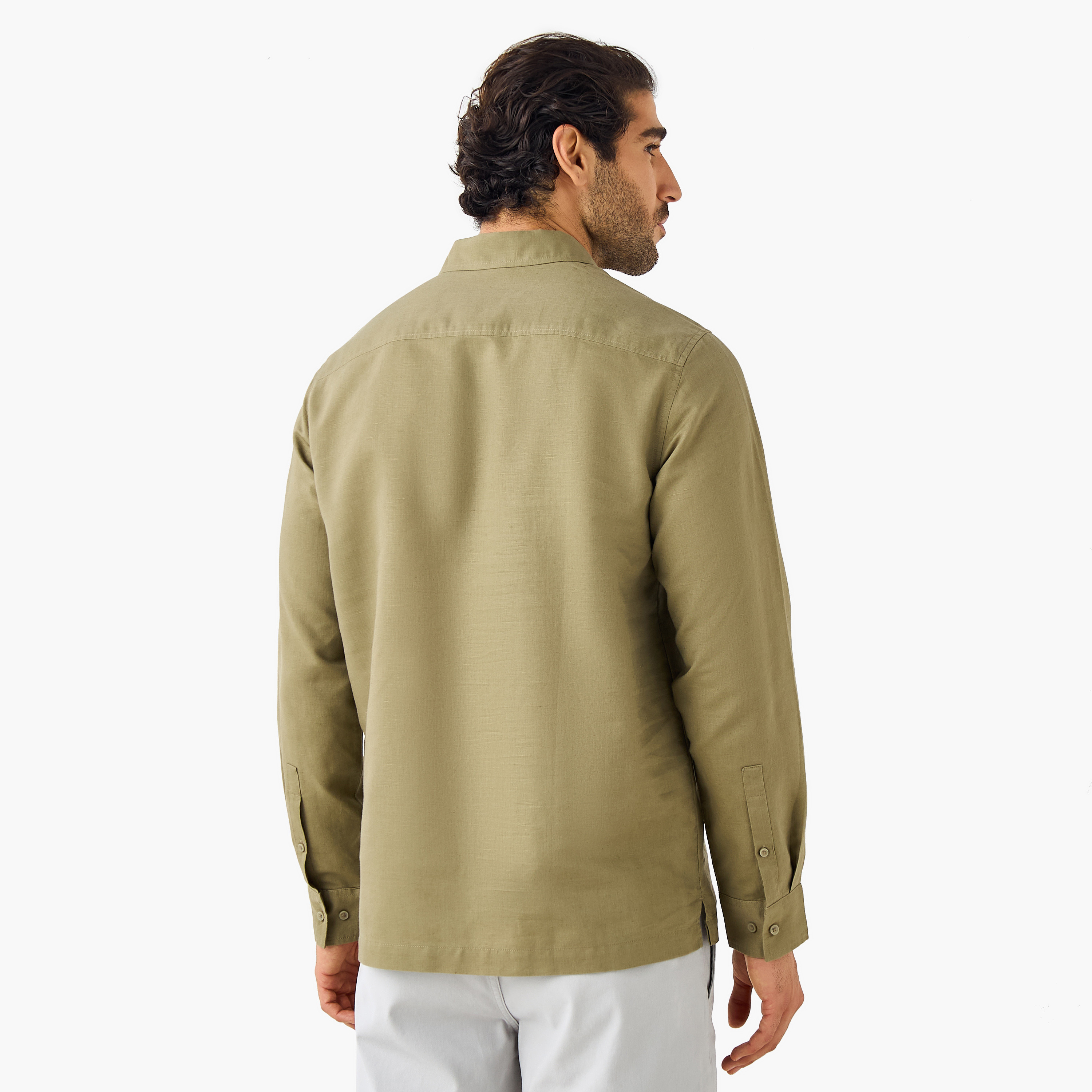 Regular Fit Linen Blend Half Placket Shirt-men-clothing-shirts-image-3