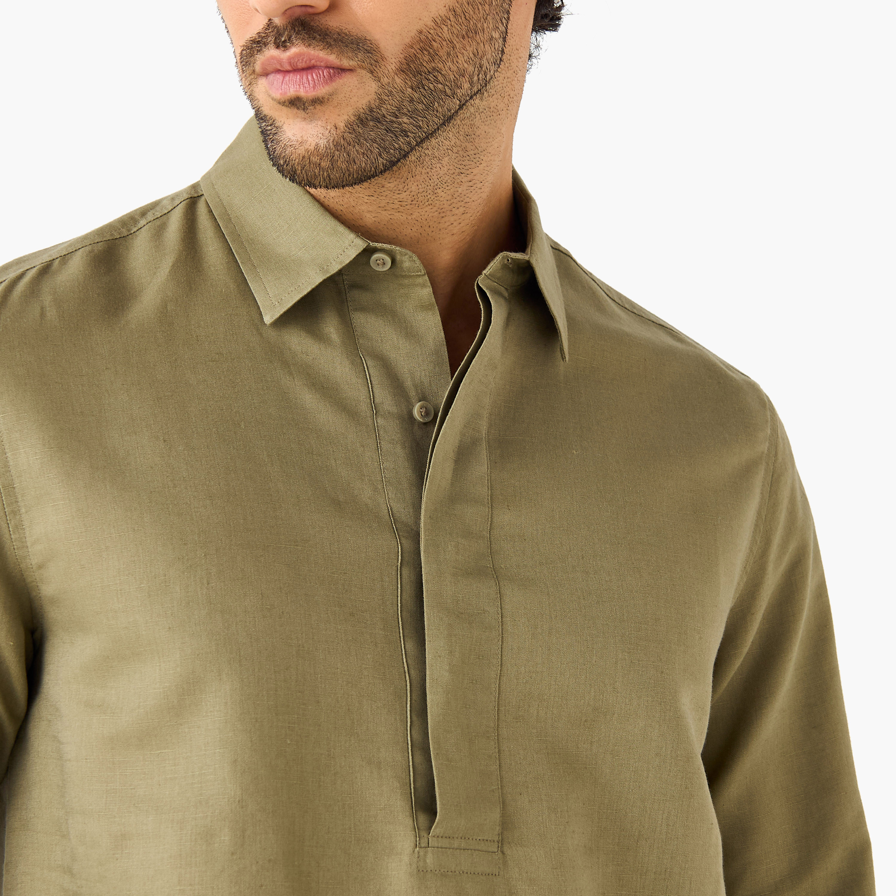 Regular Fit Linen Blend Half Placket Shirt-men-clothing-shirts-image-4