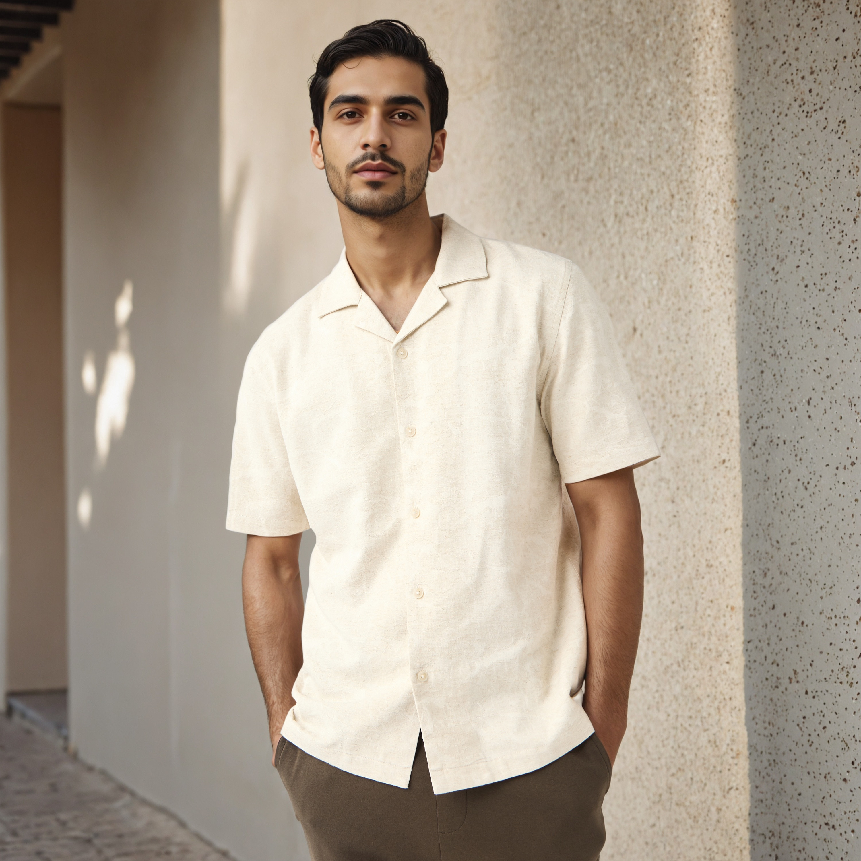 Regular Fit Textured Camp Collar Linen Blend Shirt-men-clothing-shirts-image-1