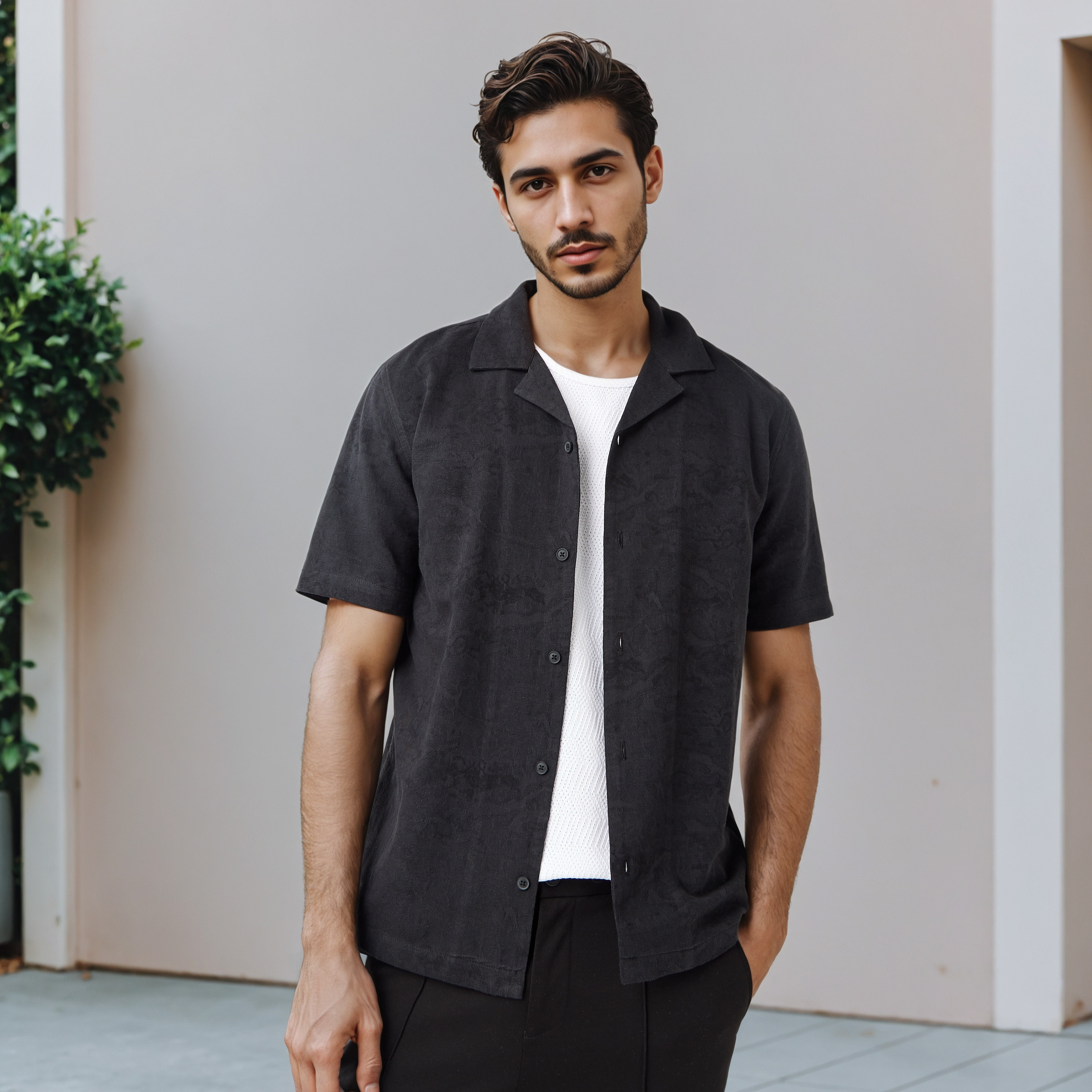 Regular Fit Textured Camp Collar Linen Blend Shirt-men-clothing-shirts-image-1
