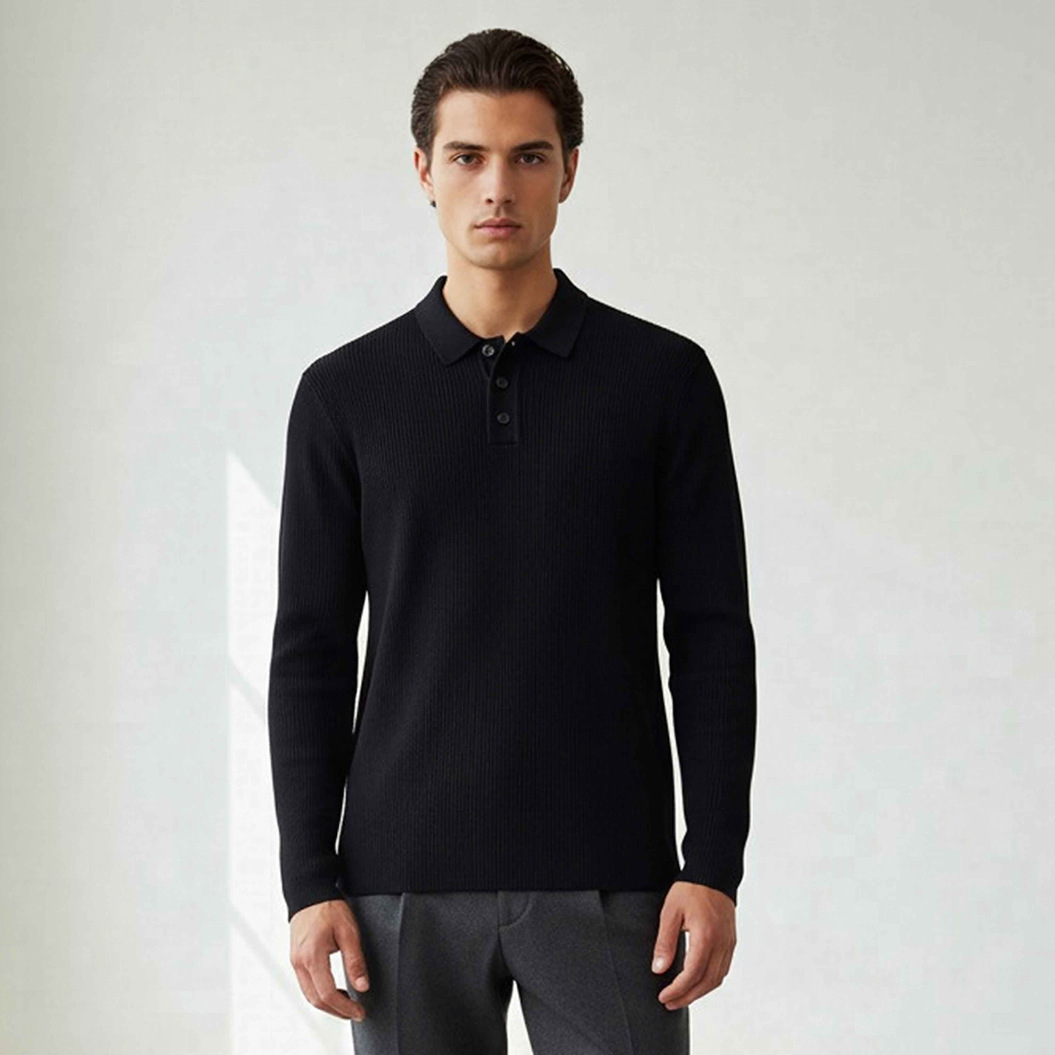 Textured Polo Collar Sweatshirt with Long Sleeves-men-winterwear-hoodiesandsweatshirts-image-1