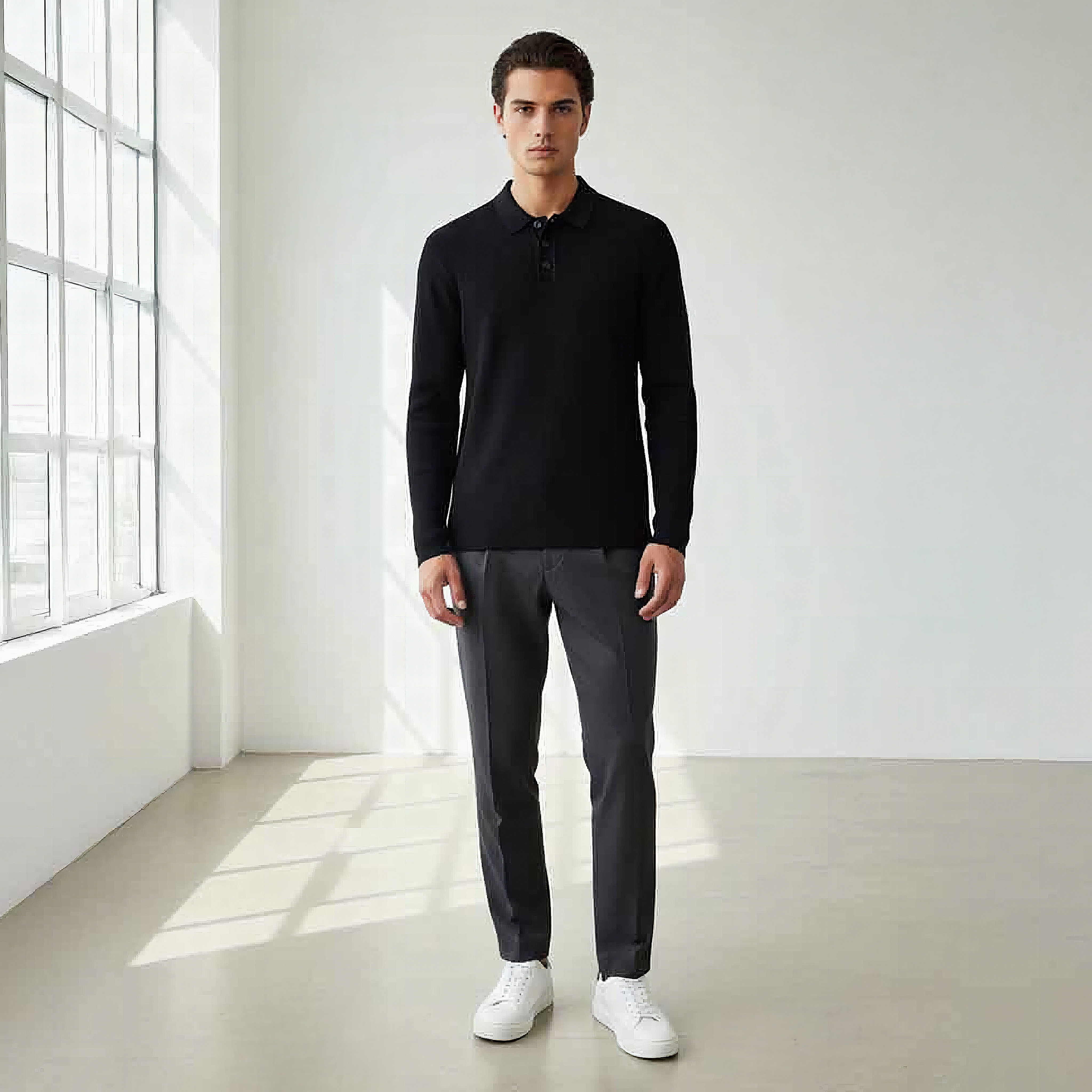 Textured Polo Collar Sweatshirt with Long Sleeves-men-winterwear-hoodiesandsweatshirts-image-2