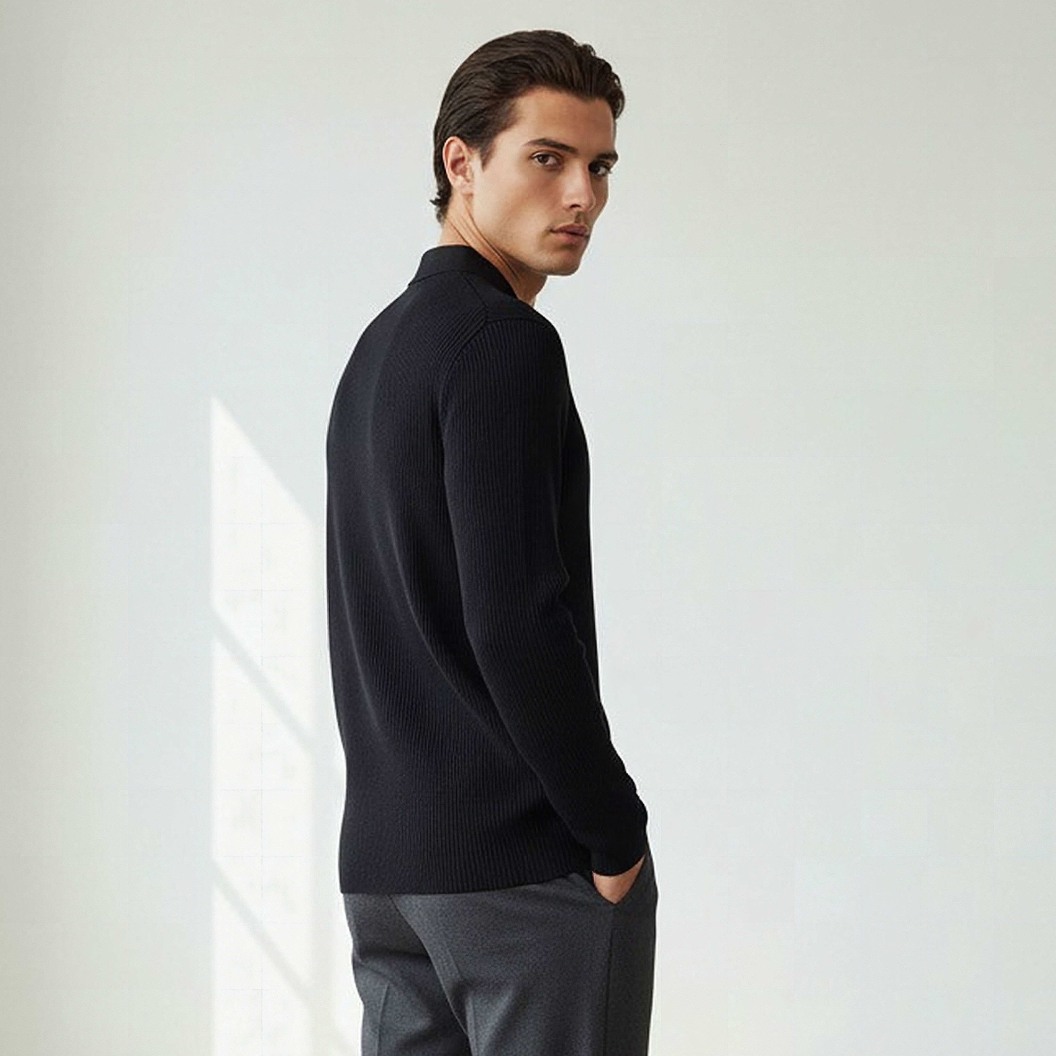 Textured Polo Collar Sweatshirt with Long Sleeves-men-winterwear-hoodiesandsweatshirts-image-3